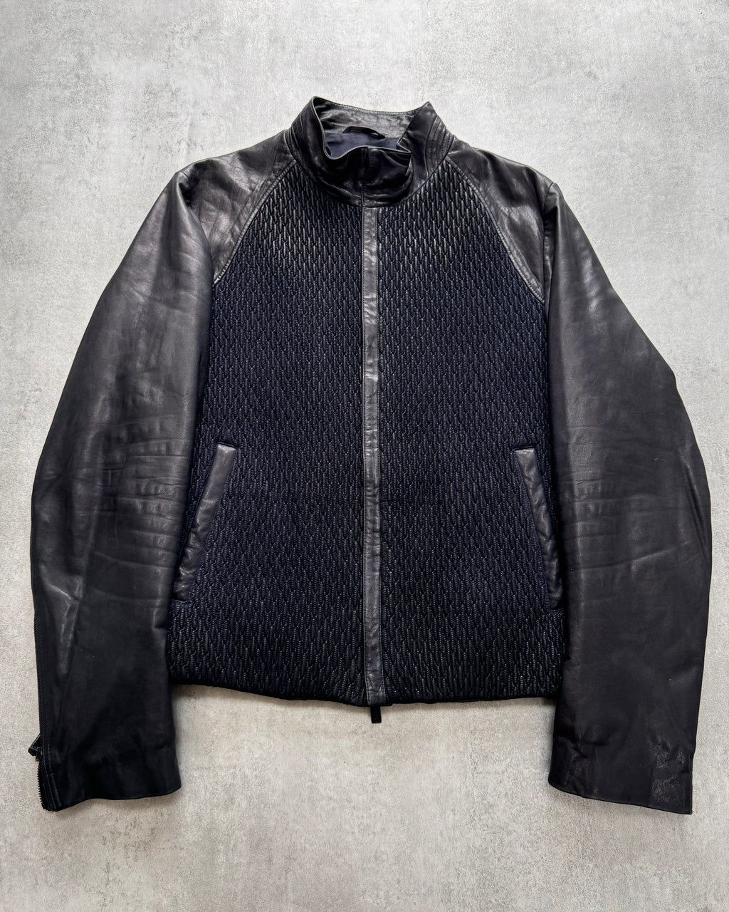 SS2014 Giorgio Armani Plissé Navy Leather Jacket