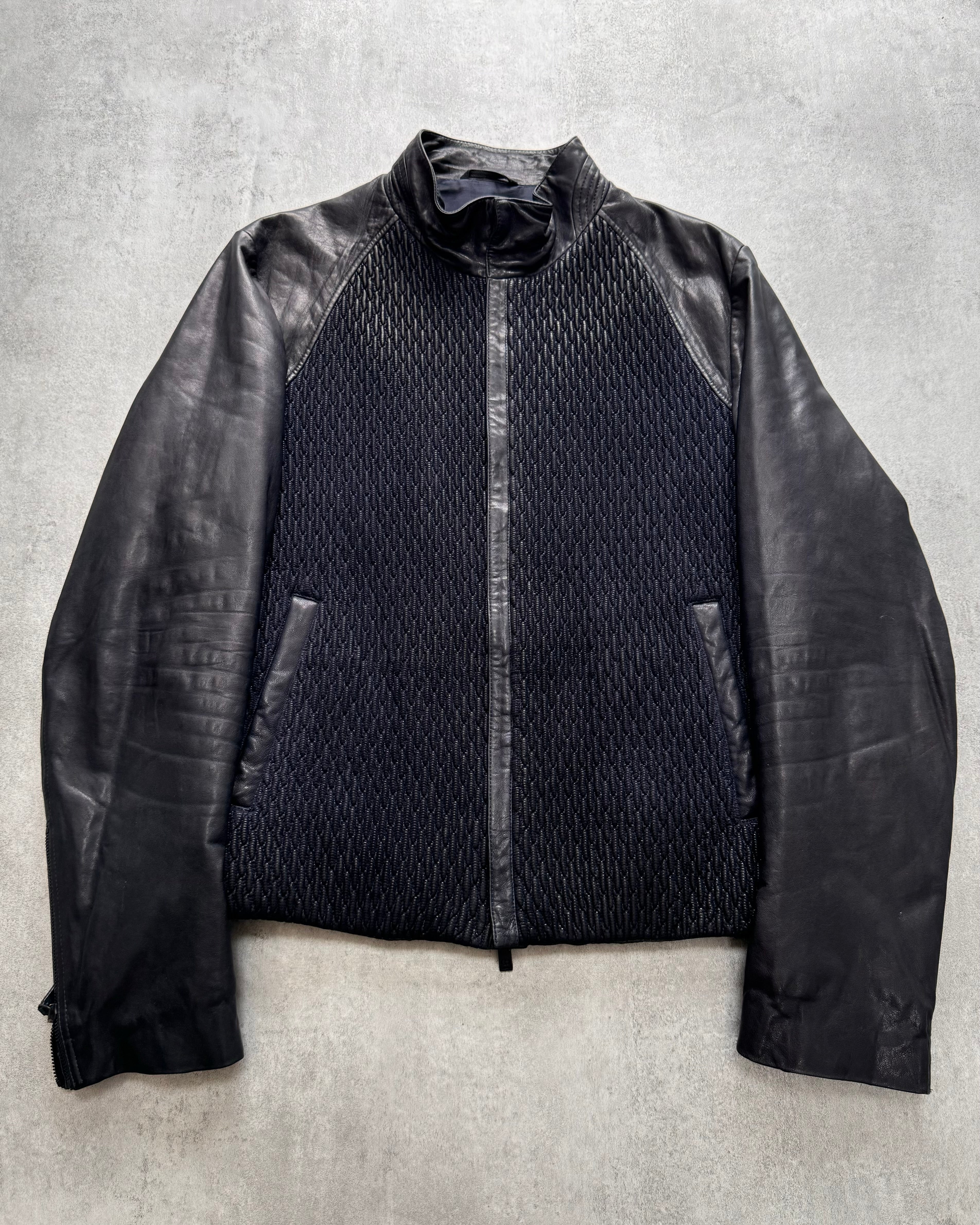 SS2014 Giorgio Armani Plissé Navy Leather Jacket