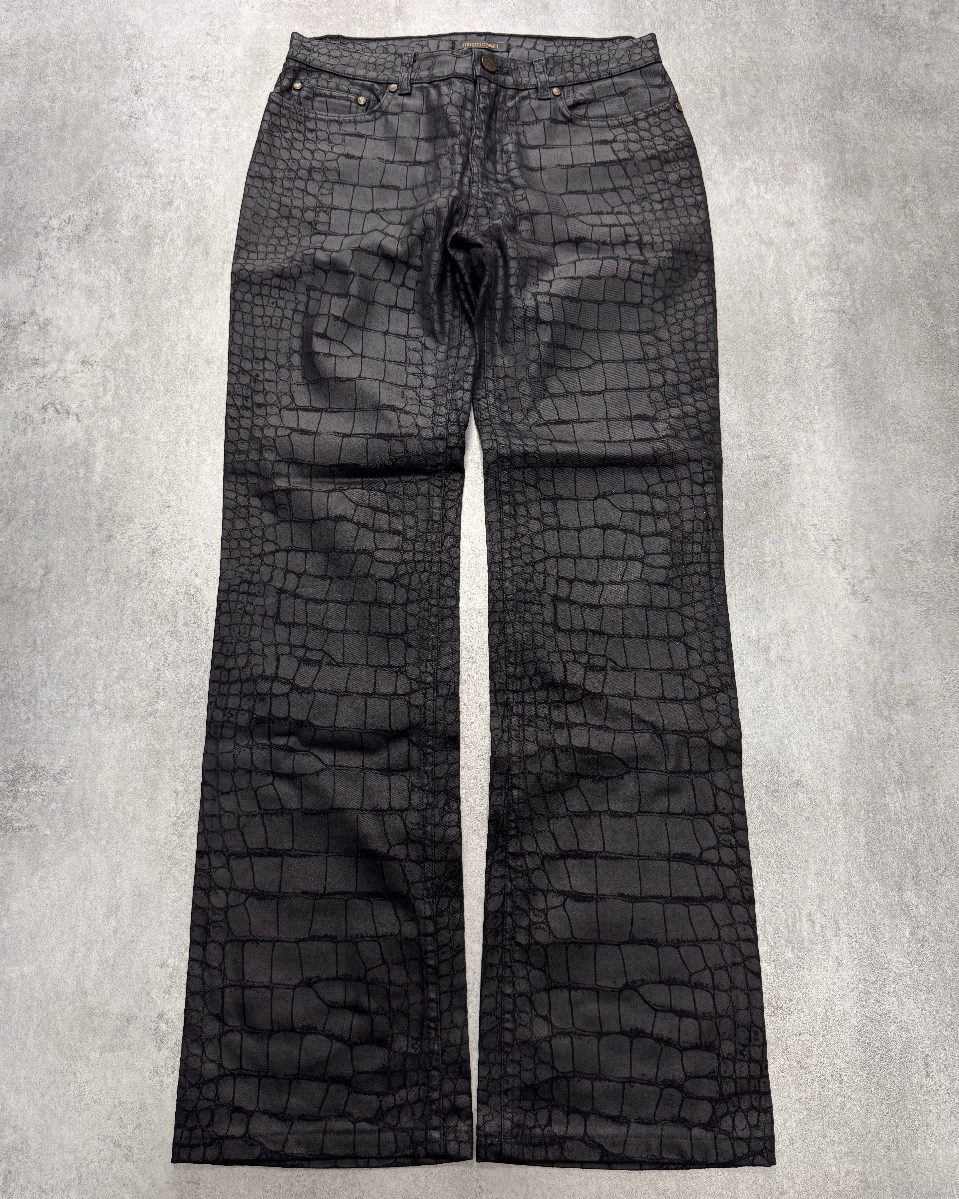 2000s Roberto Cavalli Crocodile Skin Effect Obscur Black Pants