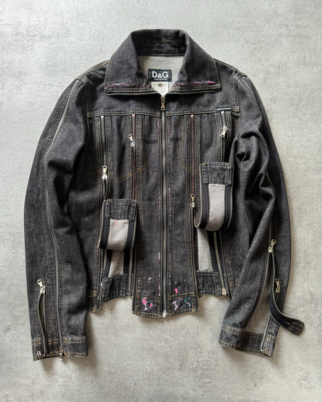 SS2003 Dolce & Gabbana Multi Zips Denim Hand Painted Jacket (XS)