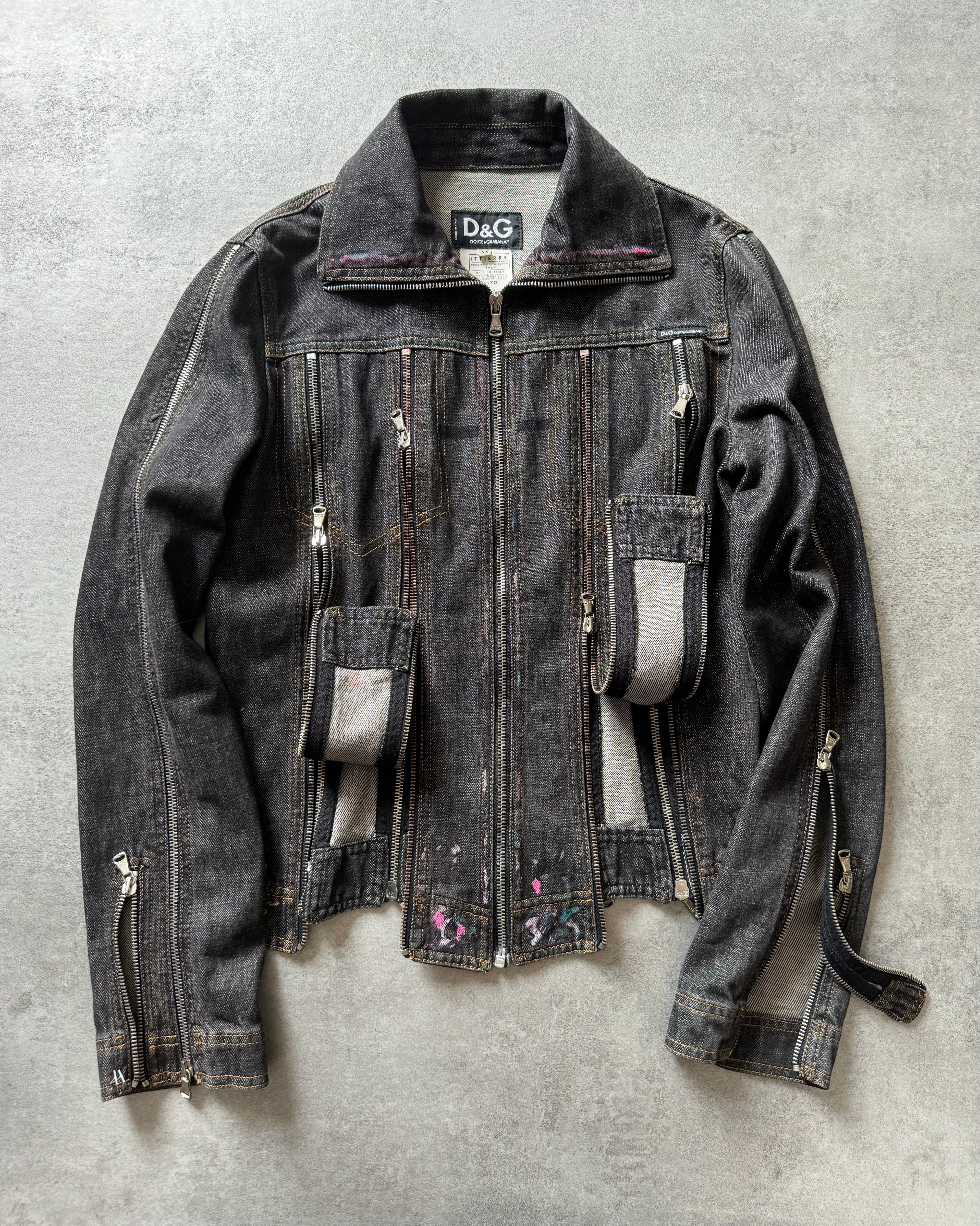 SS2003 Dolce & Gabbana Multi Zips Denim Hand Painted Jacket (XS)