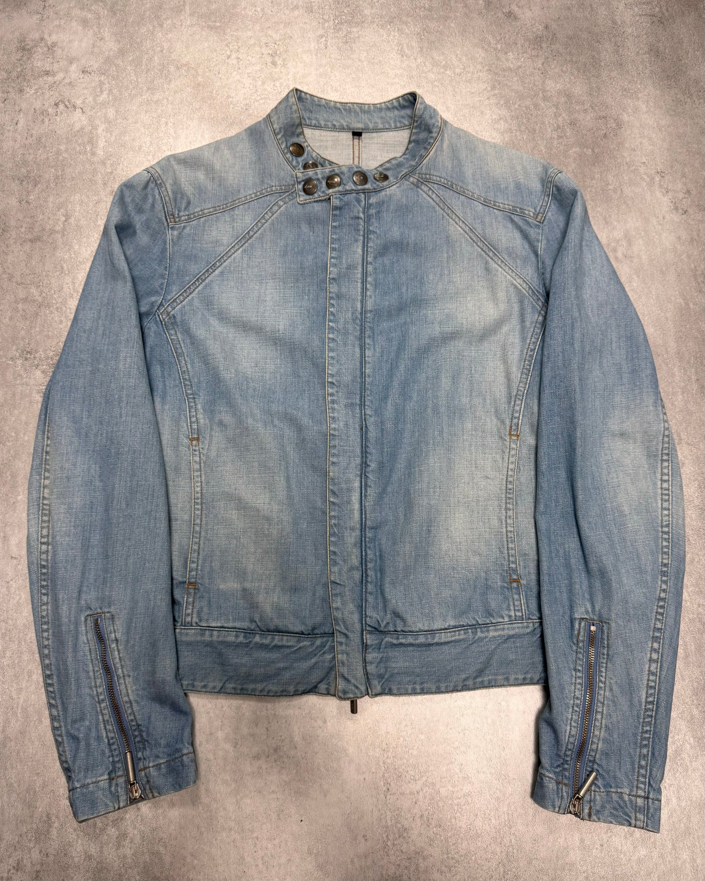 2000s Cavalli Biker Light Blue Denim Jacket (M)