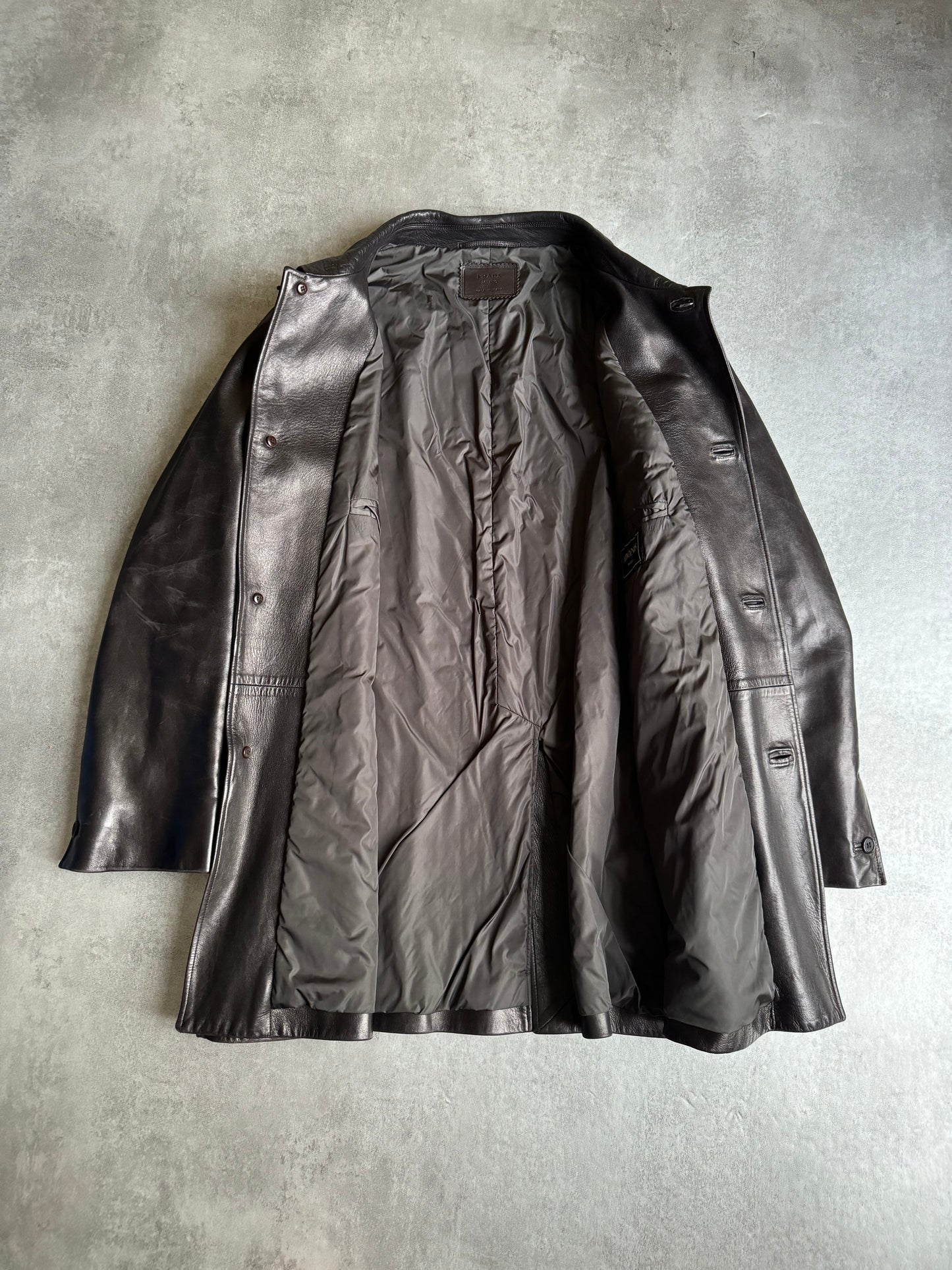 2000s Prada Adonis Hasselt Deep Brown Classy Long Leather Jacket (L/XL) - 6