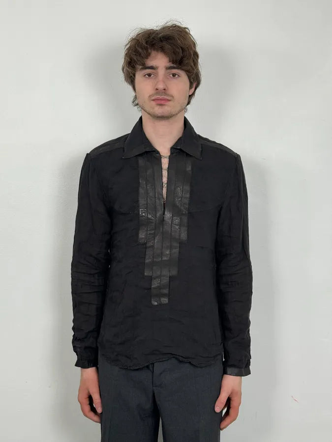 2000s Cavalli Black Hybrid Linen & Leather Henley Shirt FJcbvRW 1