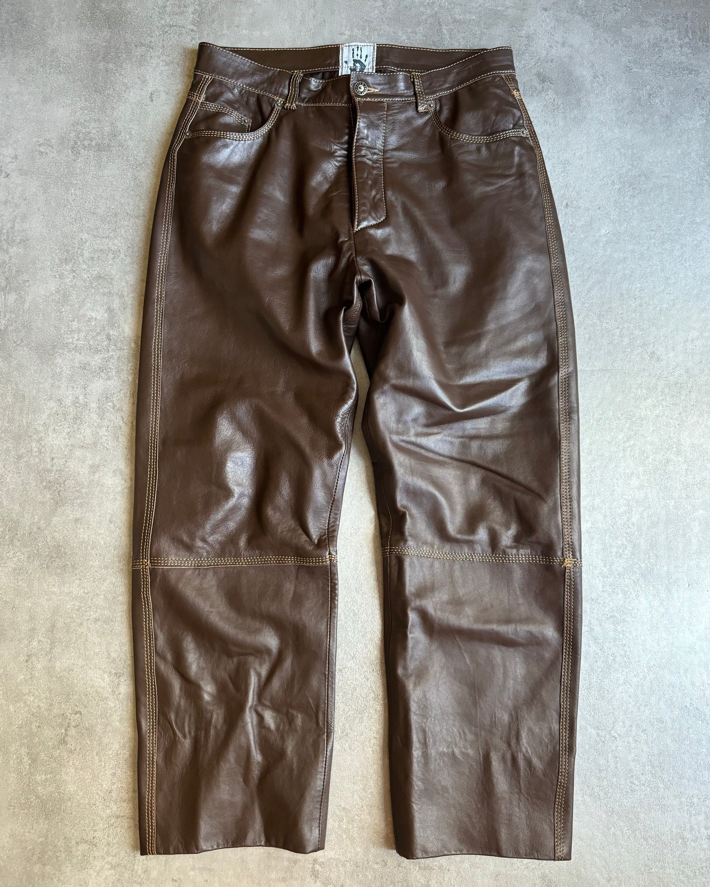 2000s Jean Paul Gaultier Cozy Brown Leather Pants (M) - 1