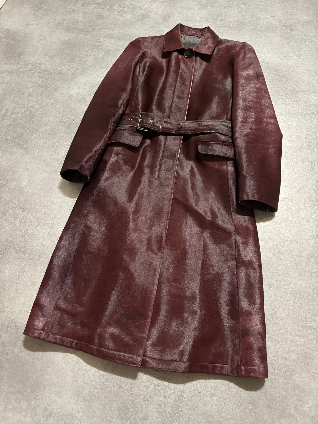 FW2002 Prada Bordeaux Pony Hair Bordeaux Leather Trench Coat