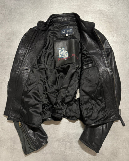 2000s Armani Black & Olive Tactical Biker Leather Jacket (M) - 6