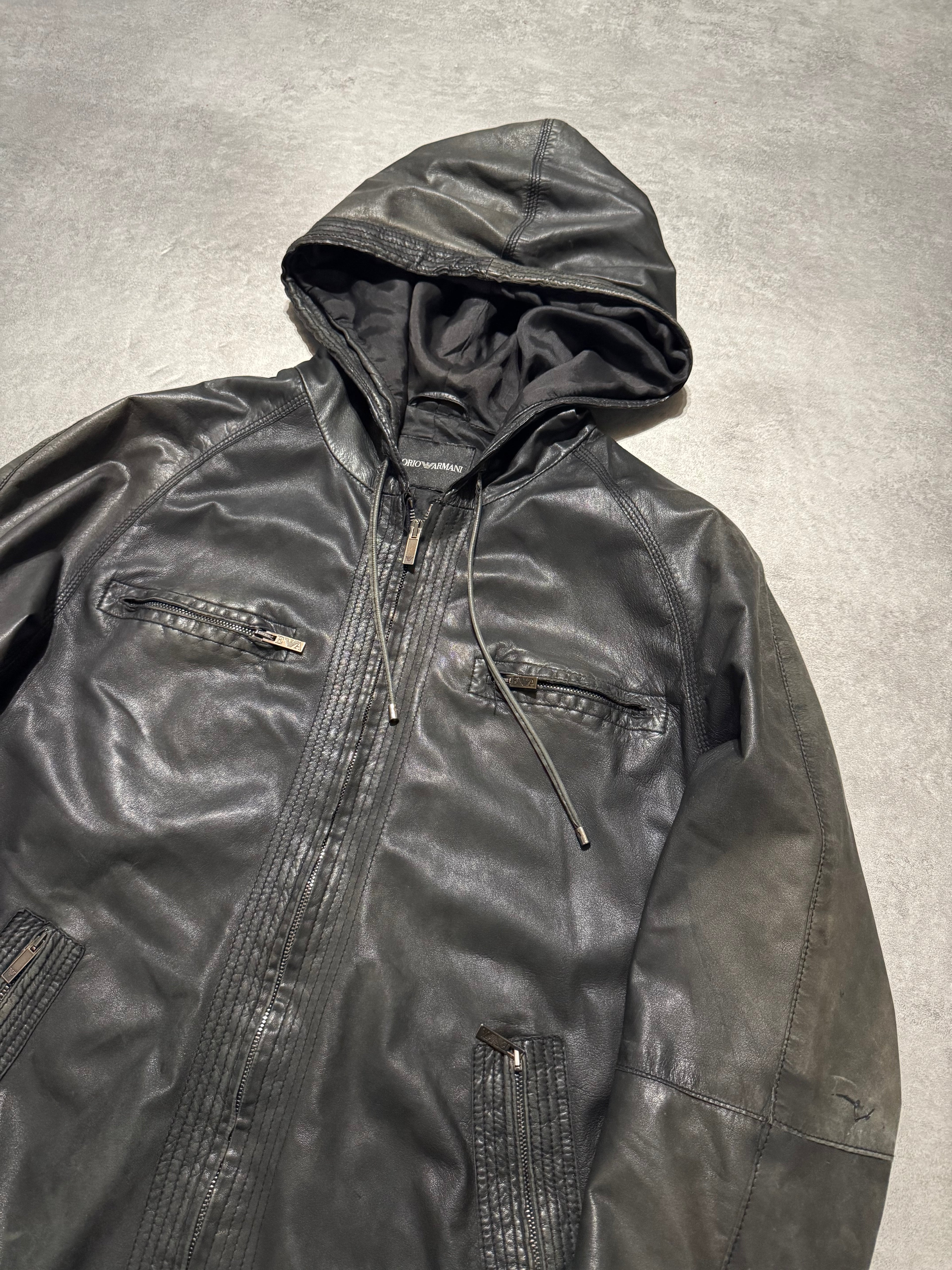SS2008 Emporio Armani Hooded Faded Leather Black Jacket