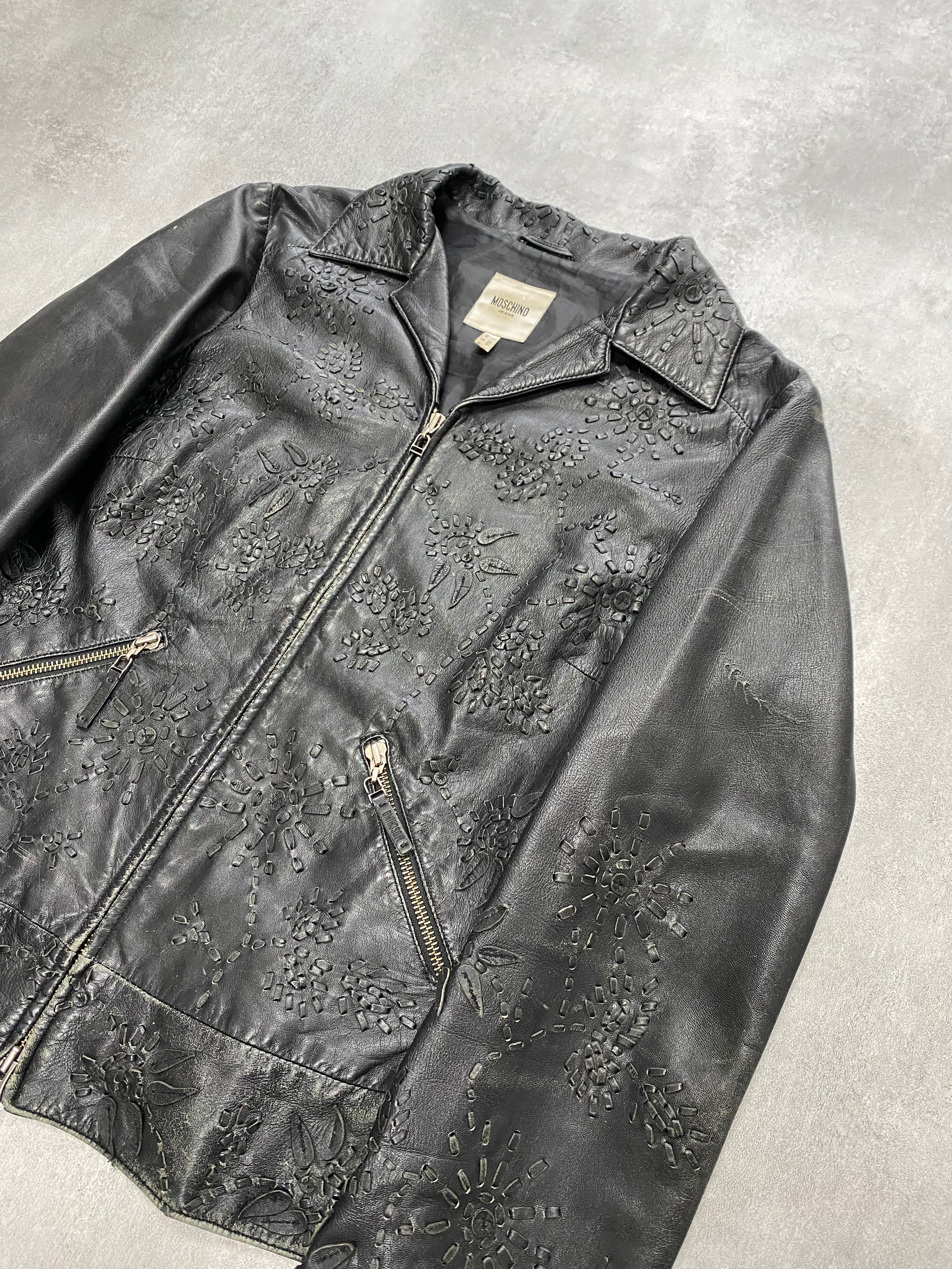 モスキーノ エンボスフラワーオーナメントレザージャケット(S)