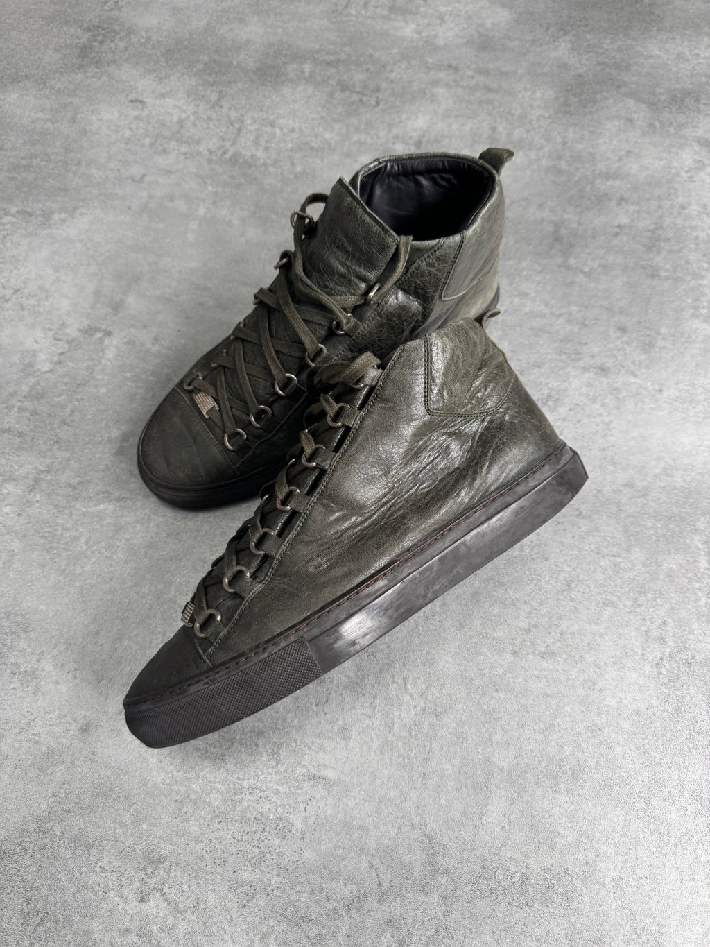 Balenciaga Arena High Kaki Cracked Leather Sneakers