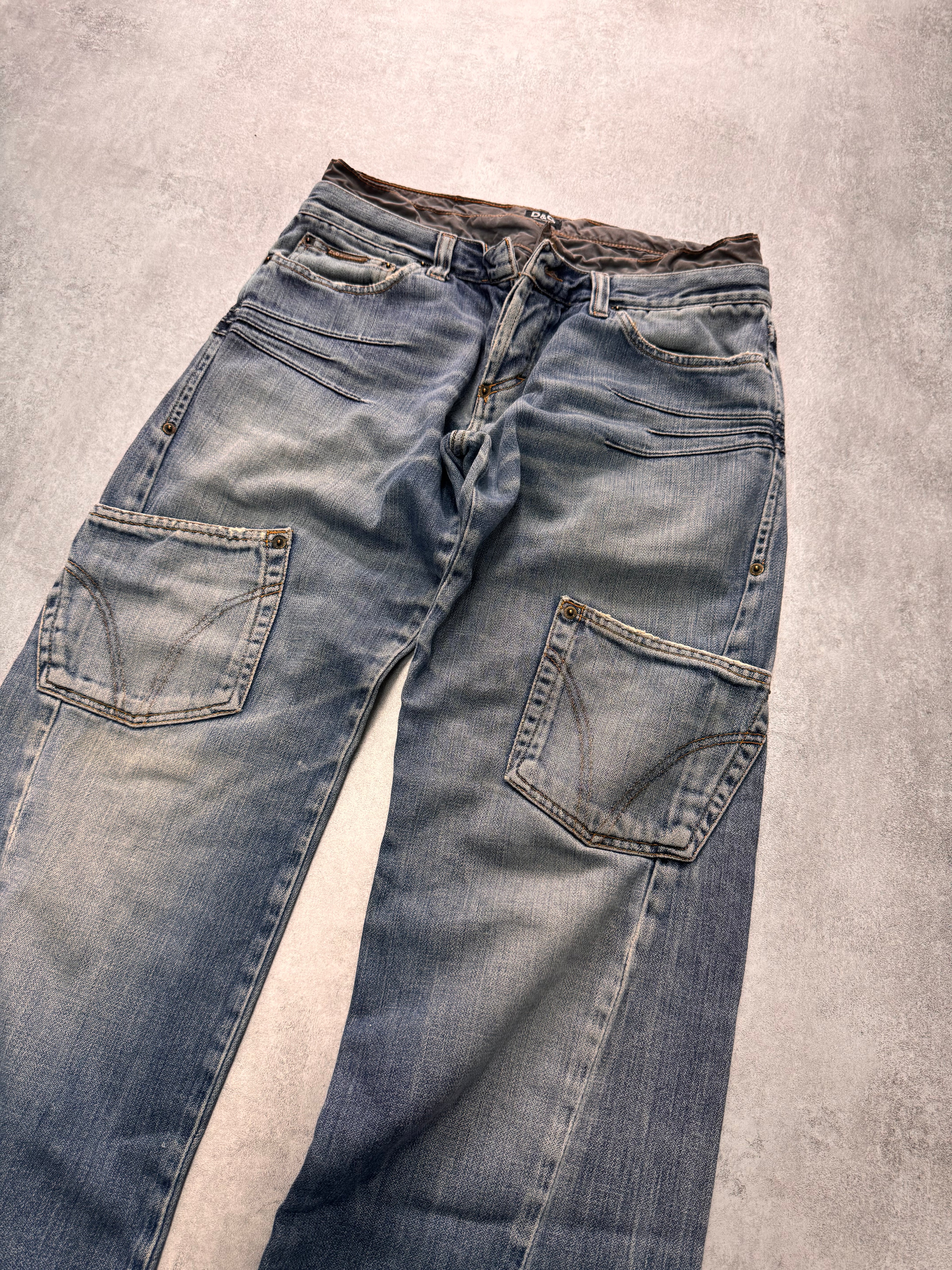 AW2003 Dolce & Gabbana Double-Waisted Sun Faded Denim Cargo Jeans