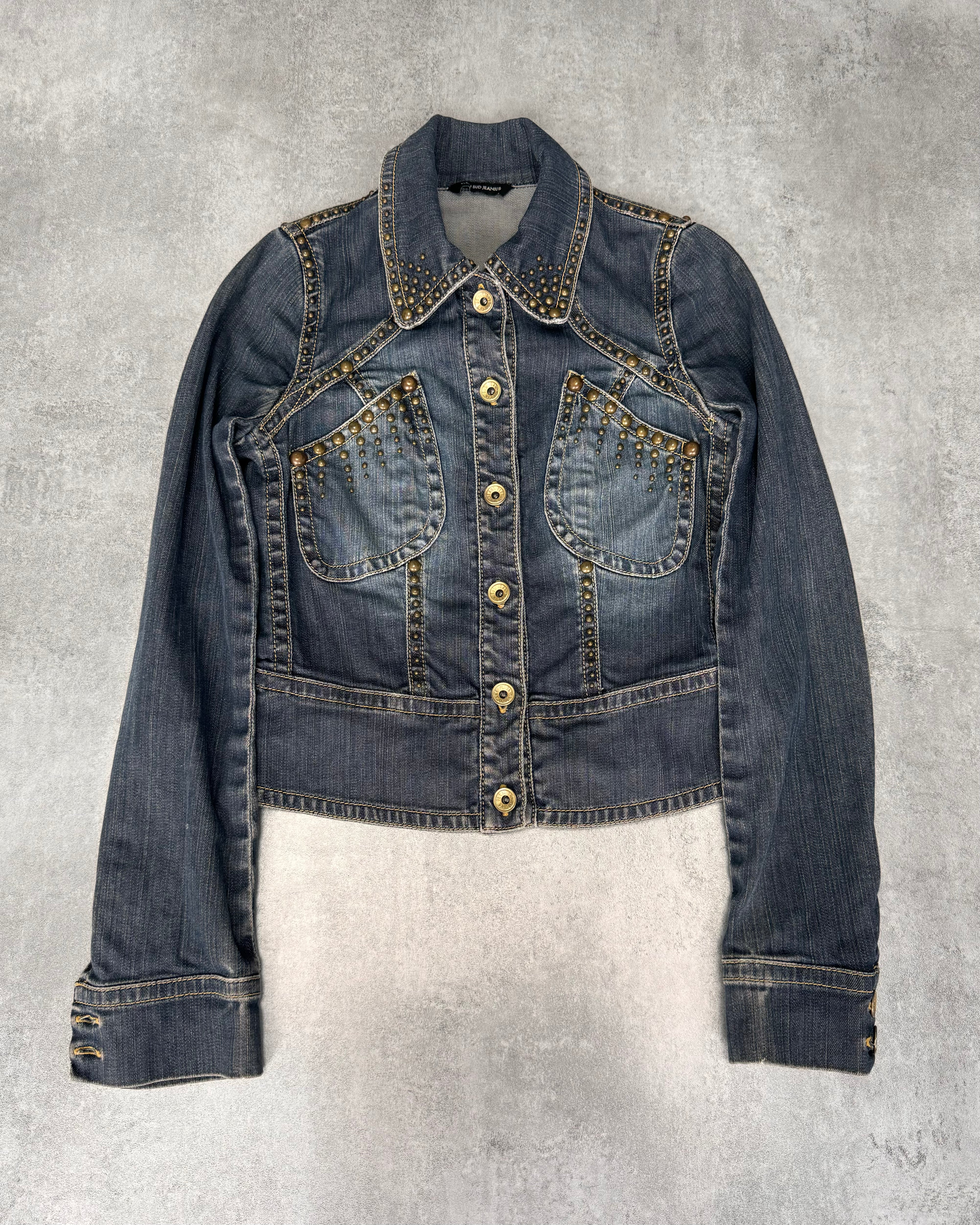 Plein Sud Studded Denim Cropped Jacket (XXS/XS)