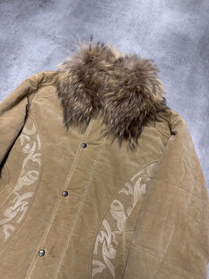 2000s Cavalli Fur Collar Beige Bomber Jacket (L)