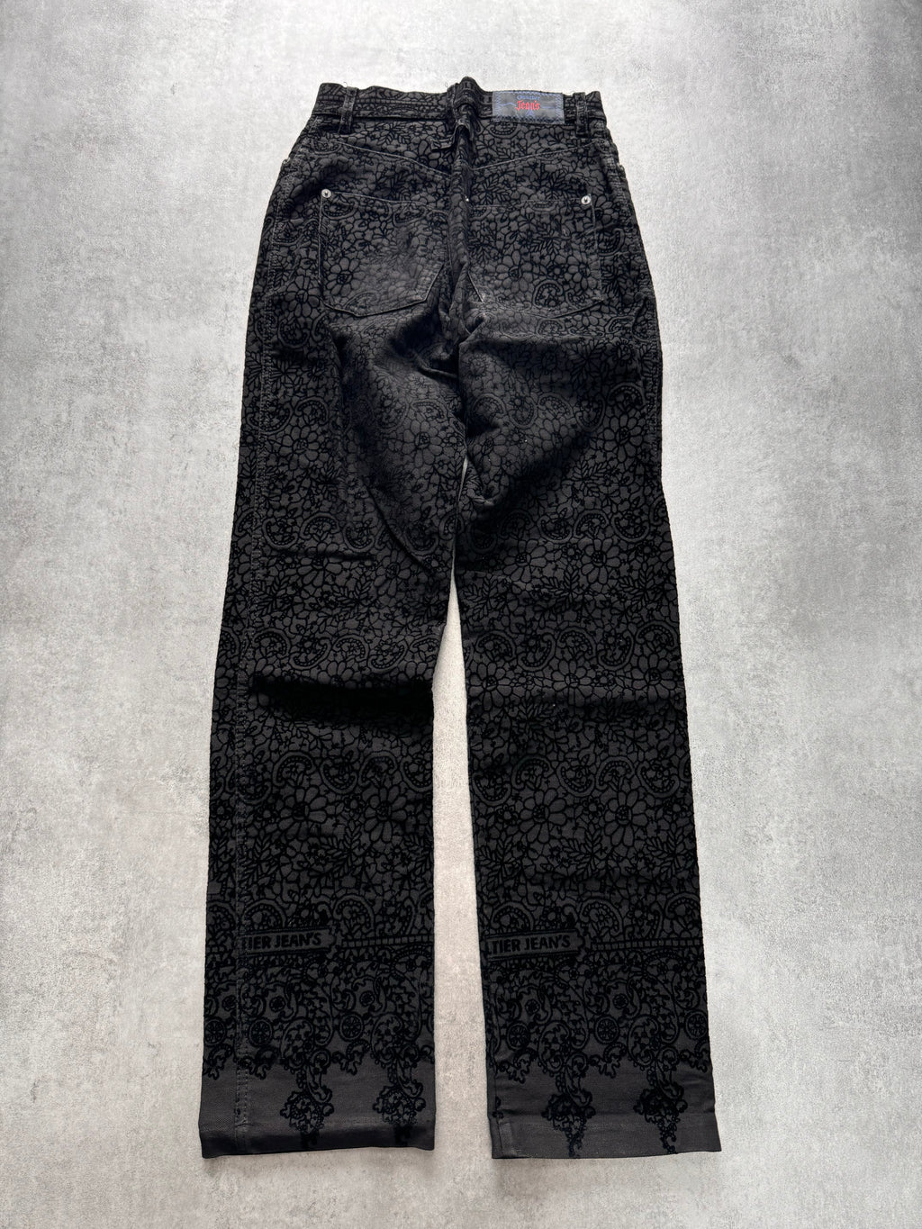 1990s Jean Paul Gaultier Glamour Velvet Black Denim Pants