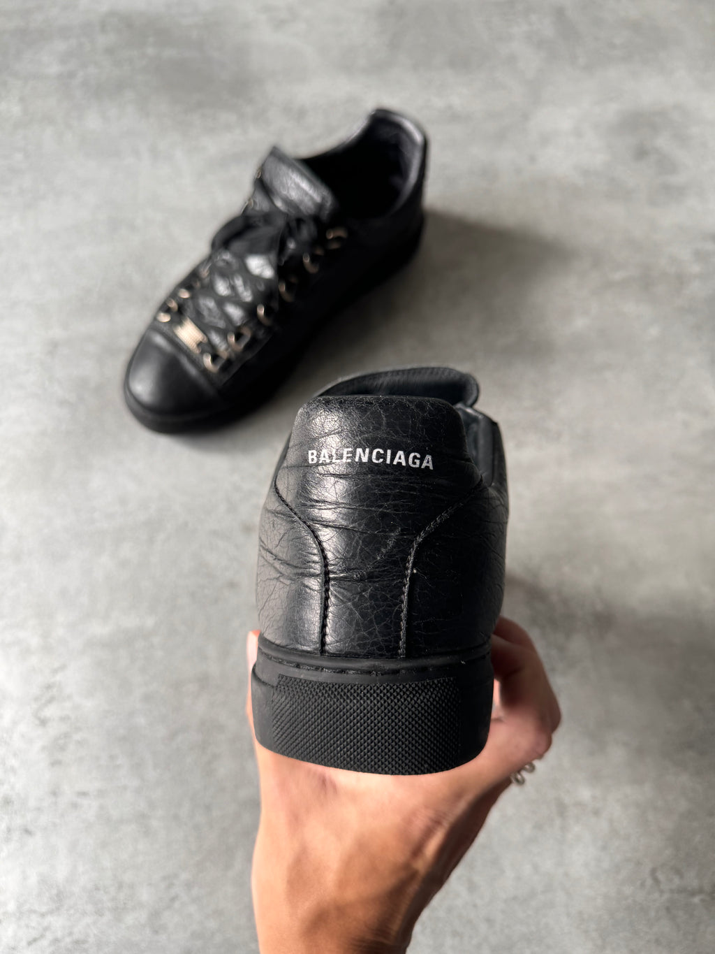 Balenciaga Arena Low Black Cracked Leather Sneakers
