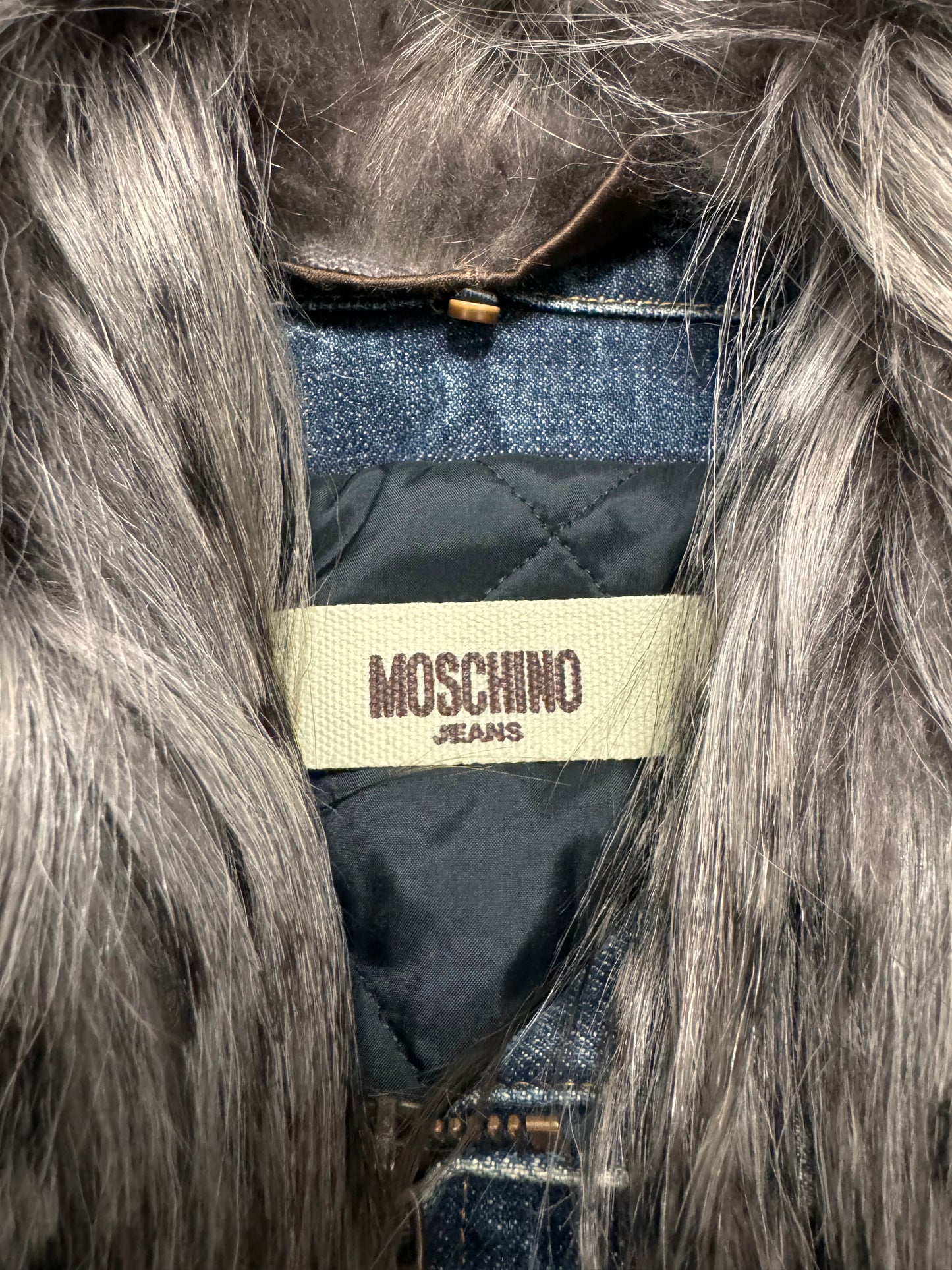 Moschino Astro 毛皮机车褪色牛仔夹克 (XS/S)