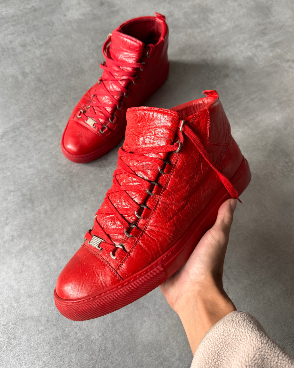 Balenciaga Arena High Red Cracked Leather Sneakers