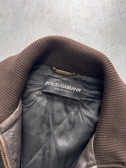 2000s Dolce & Gabbana Brown Aviator Aged Leather Jacket (L)