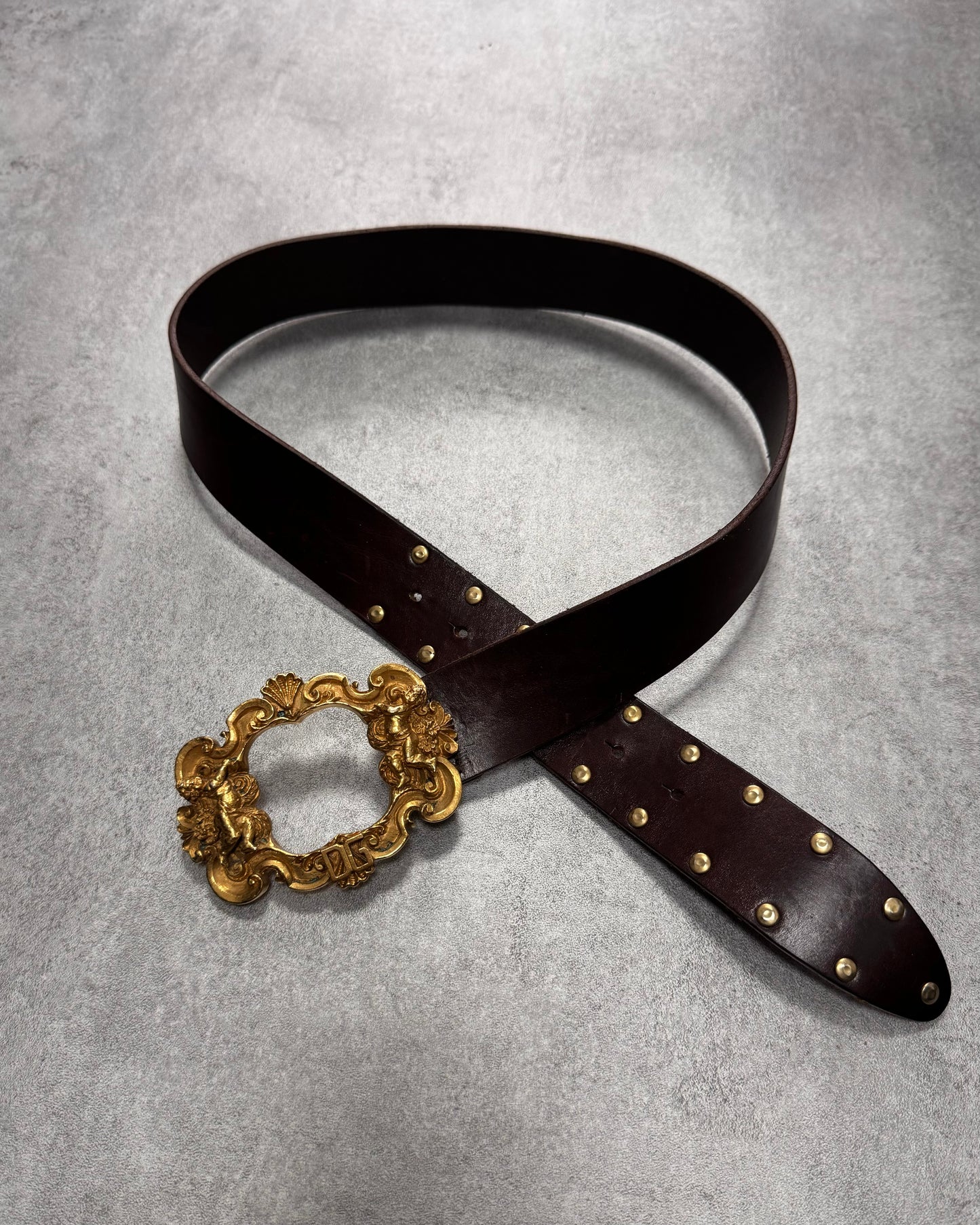 2000s Dolce & Gabbana Golden Ornement Buckle Brown Leather Belt (OS)