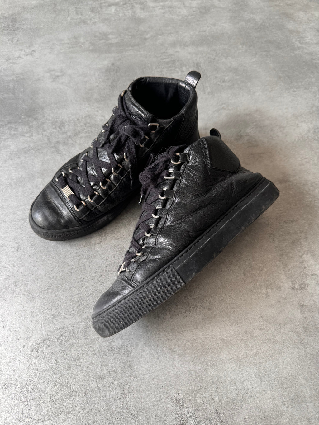 Balenciaga Arena High Black Cracked Leather Sneakers