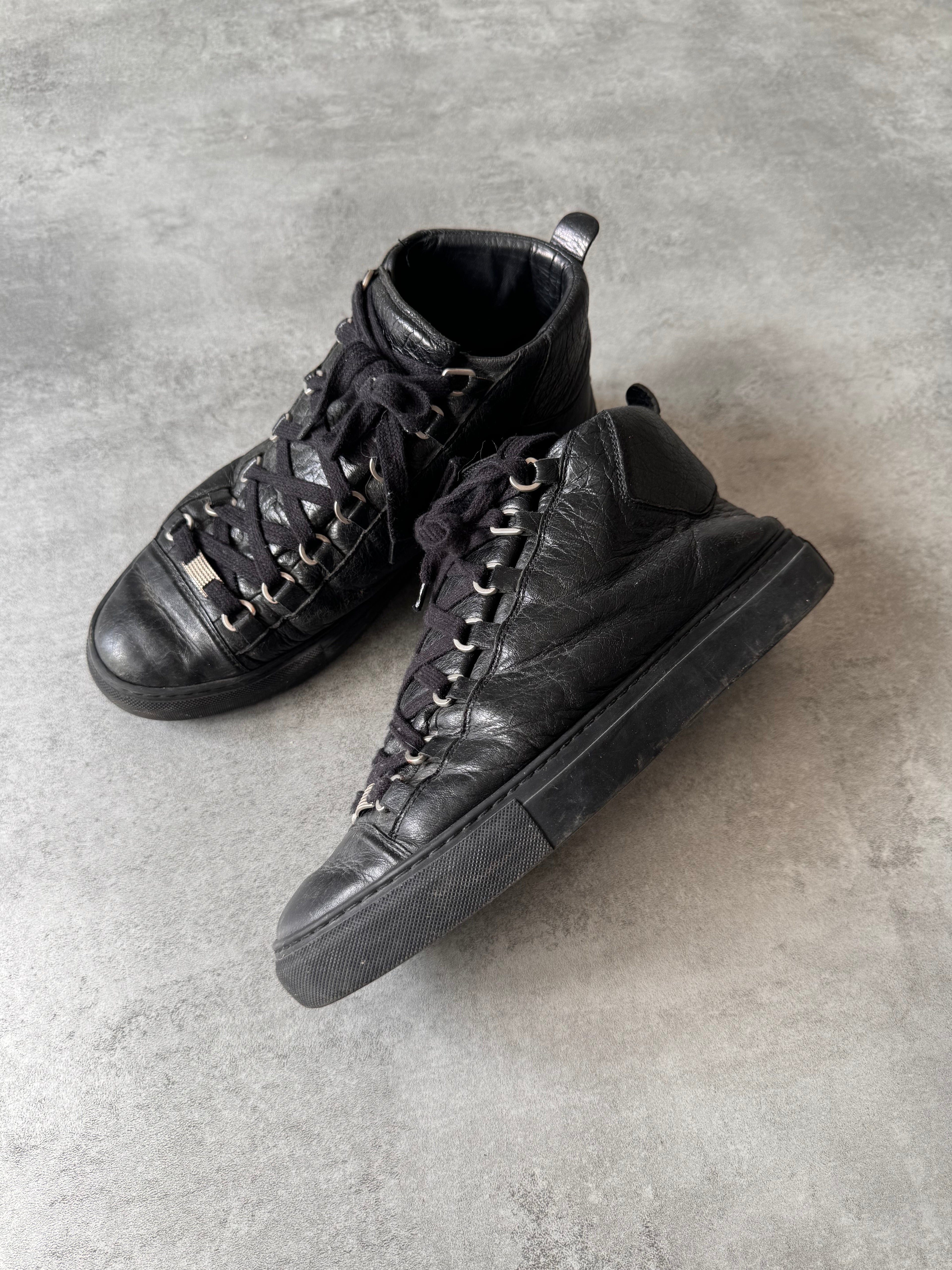 Balenciaga Arena High Black Cracked Leather Sneakers