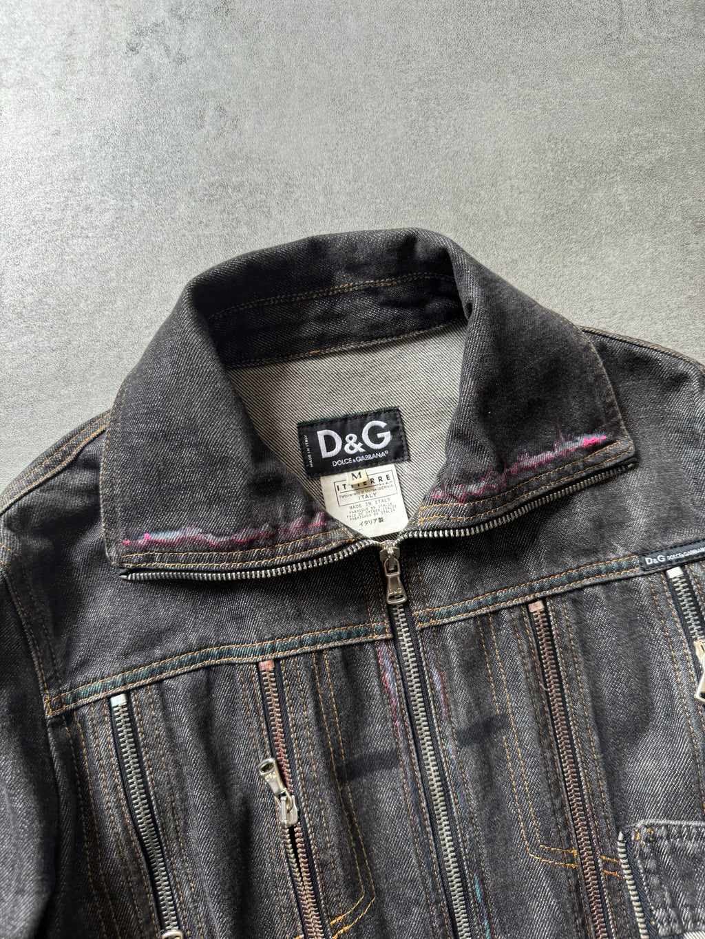 SS2003 Dolce & Gabbana Multi Zips Denim Hand Painted Jacket (XS)