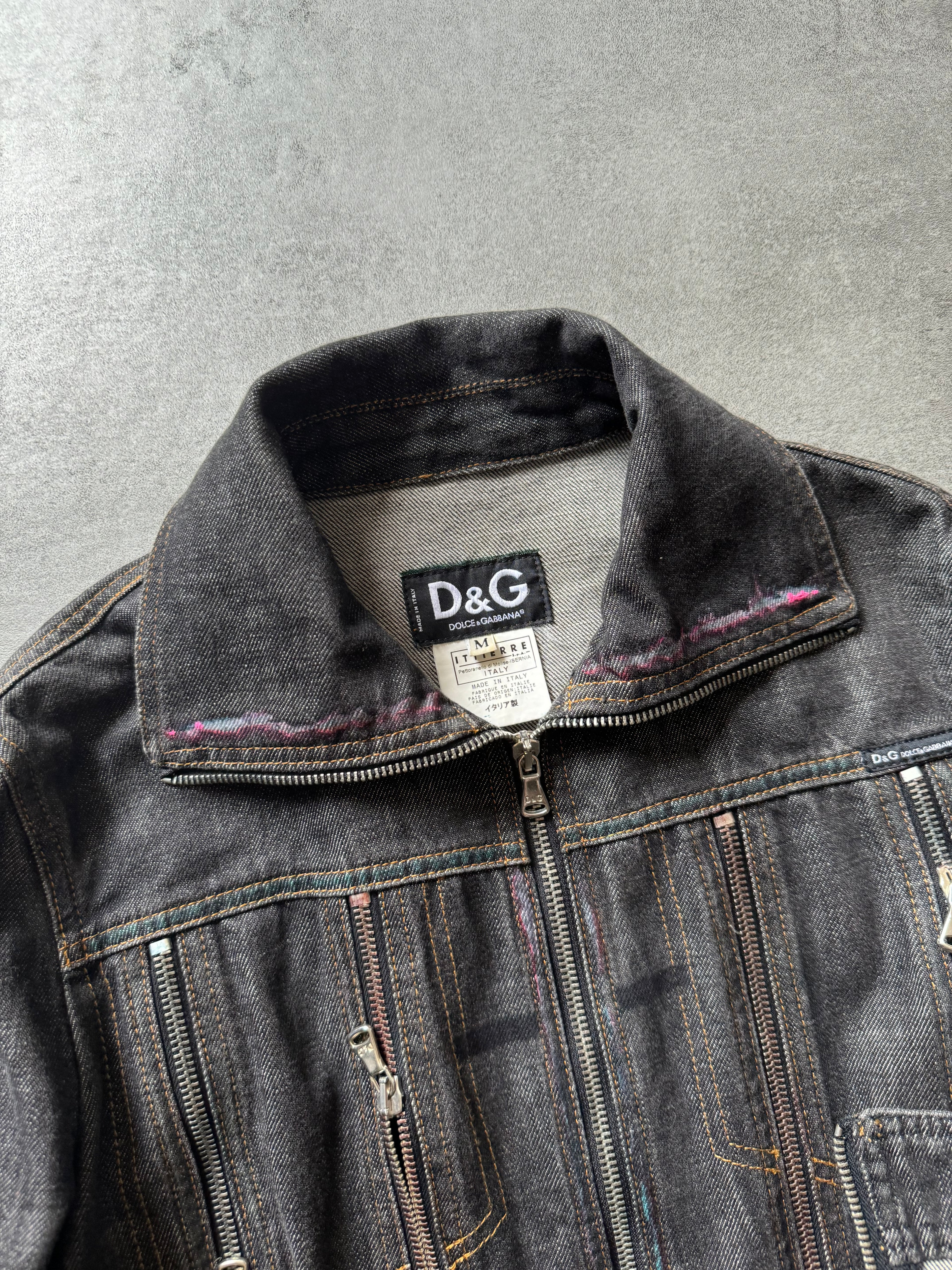 SS2003 Dolce & Gabbana Multi Zips Denim Hand Painted Jacket (XS)