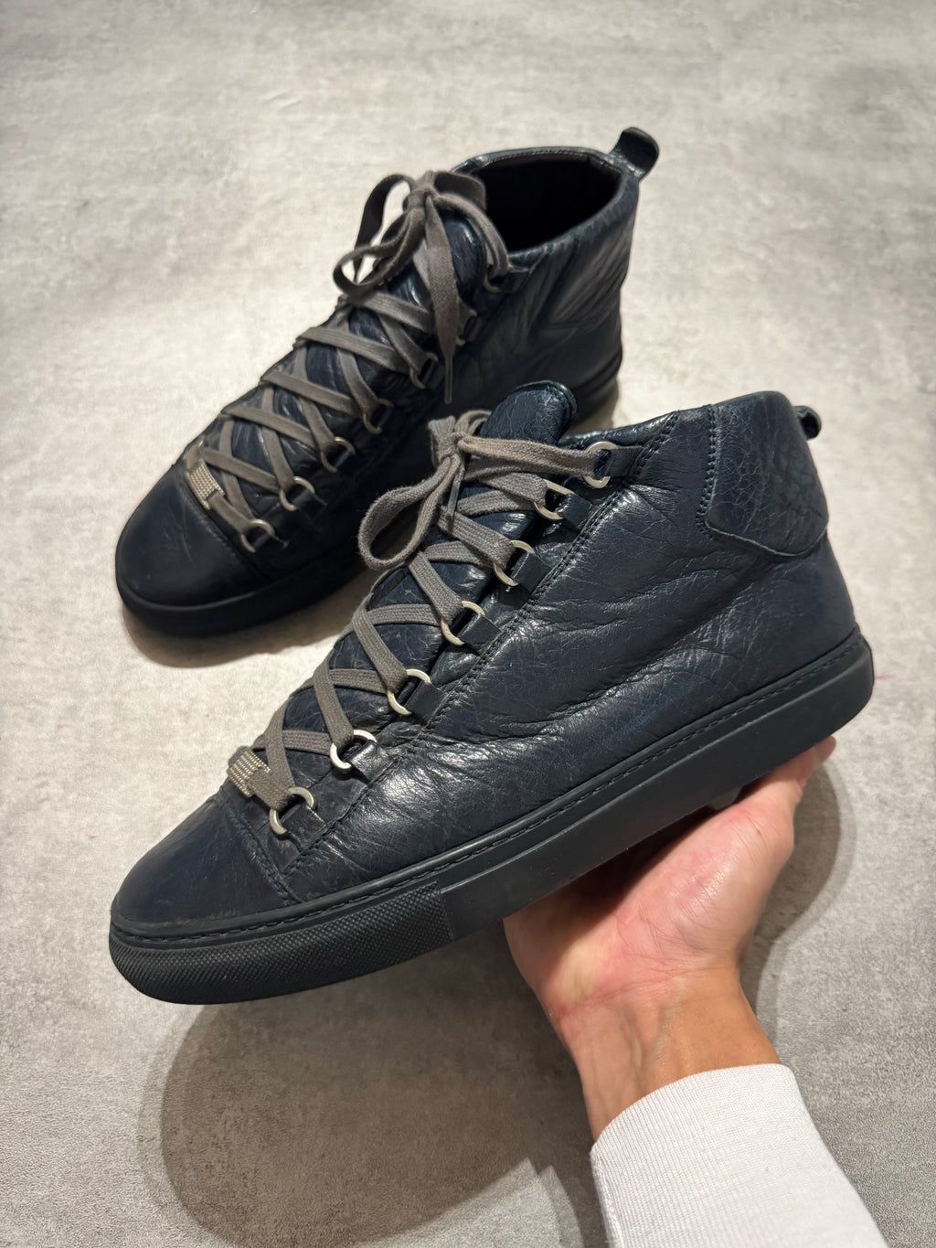 Balenciaga Arena High Navy Cracked Leather Sneakers