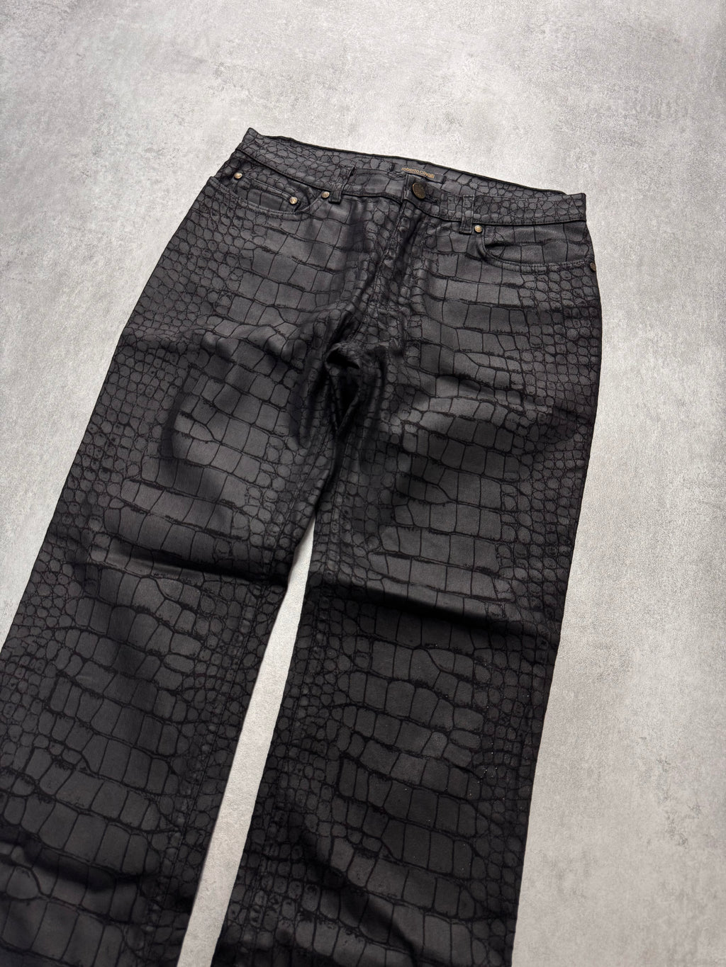 2000s Roberto Cavalli Crocodile Skin Effect Obscur Black Pants