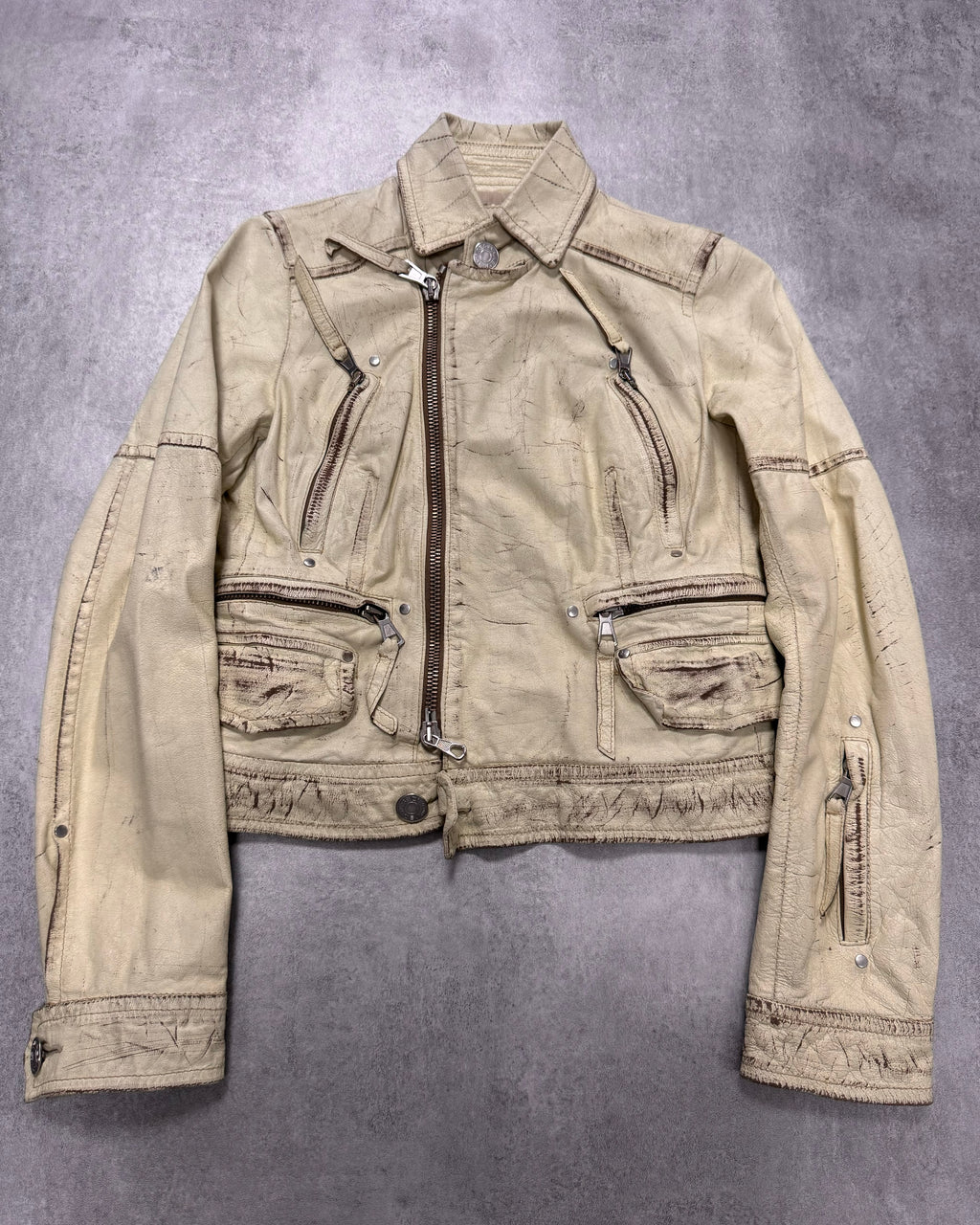 SS2004 Dsquared2 Beige Cropped Asymmetrical Aged Leather Jacket
