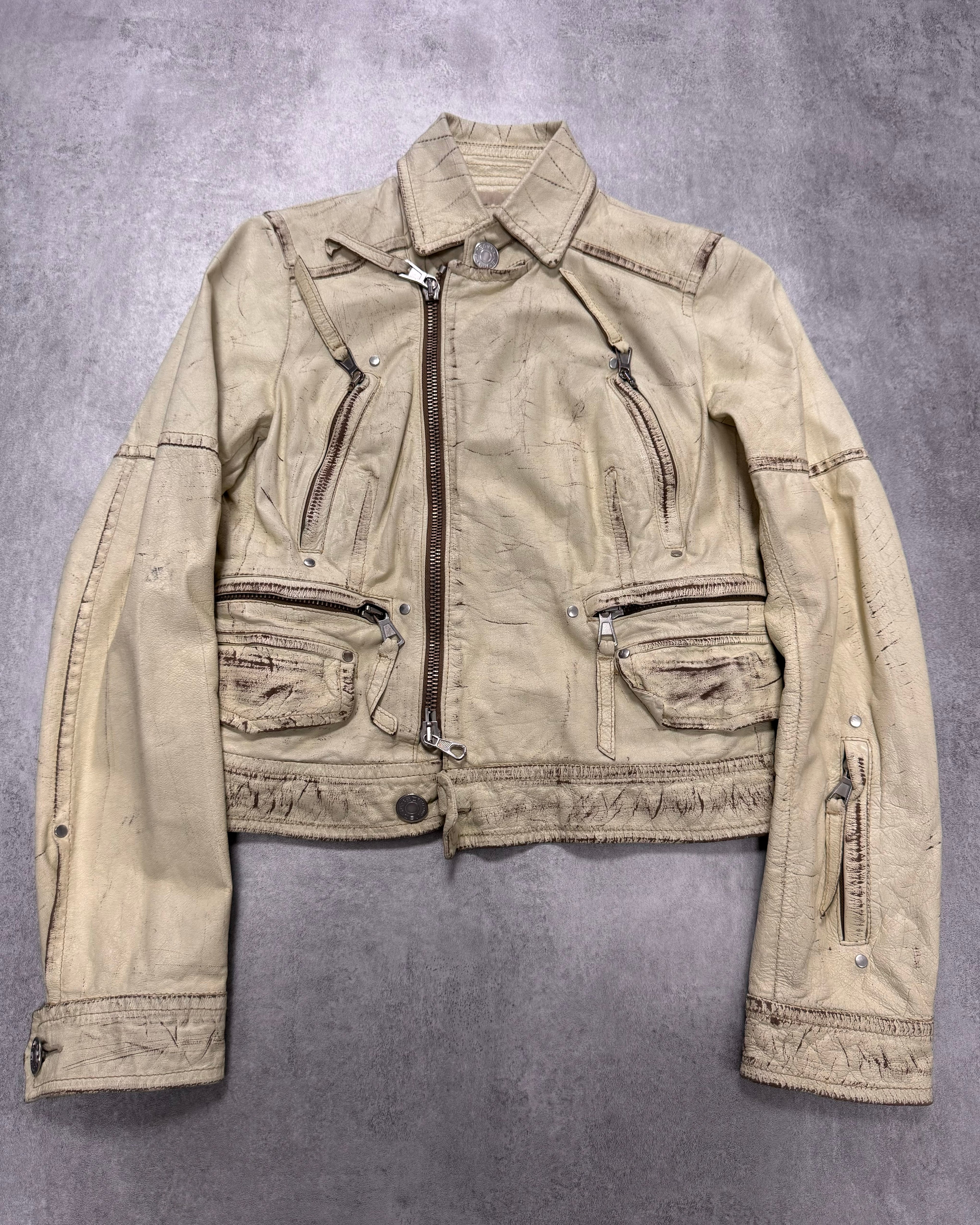 SS2004 Dsquared2 Beige Cropped Asymmetrical Aged Leather Jacket