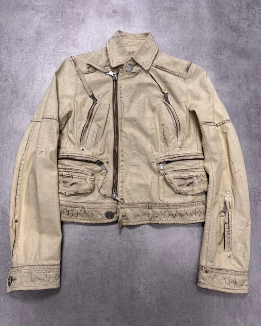 SS2004 Dsquared2 Beige Cropped Asymmetrical Aged Leather Jacket (XS)