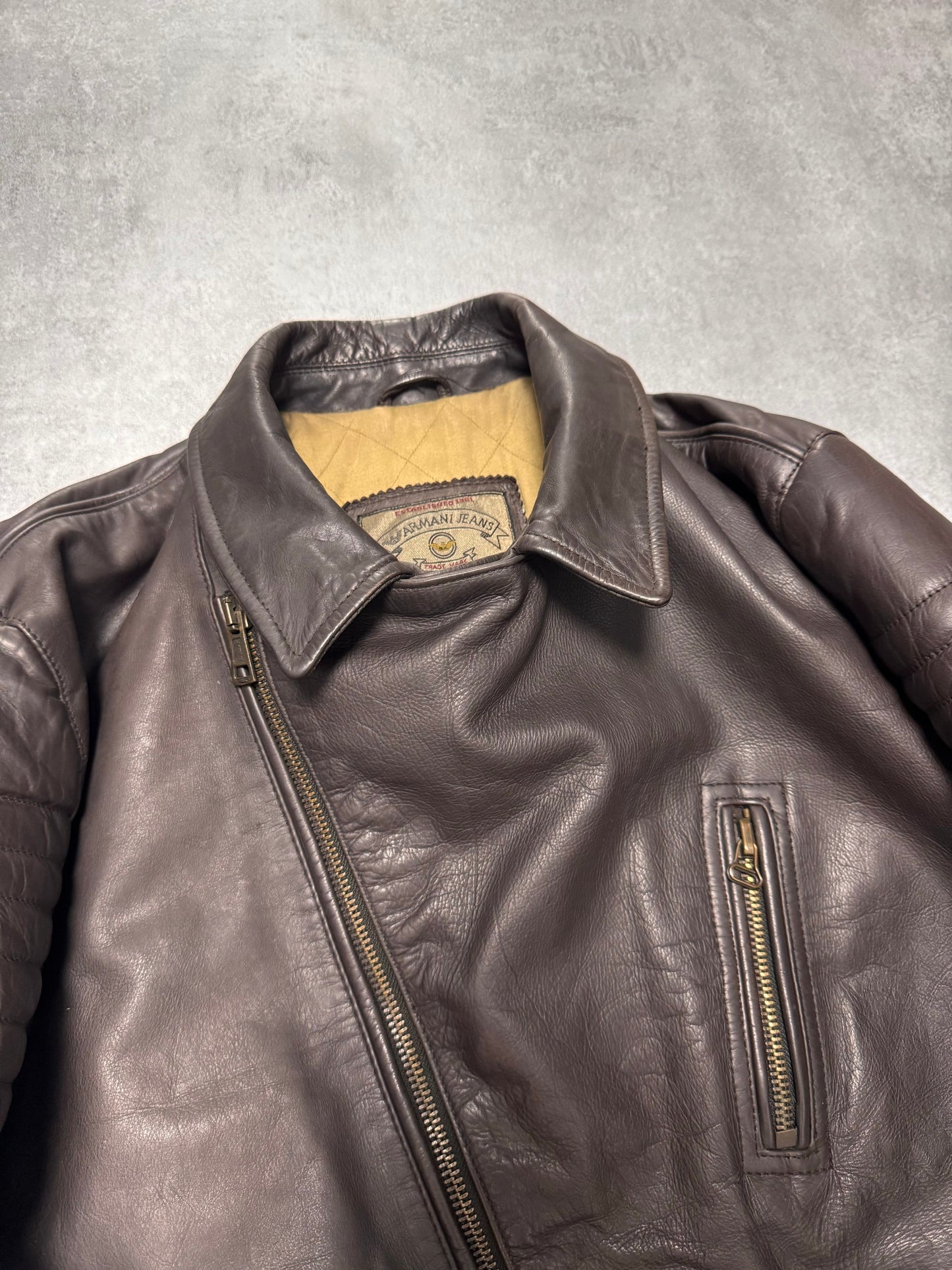 1990s Armani Aviator Bomber Brown Leather Cropped Jacket (M)