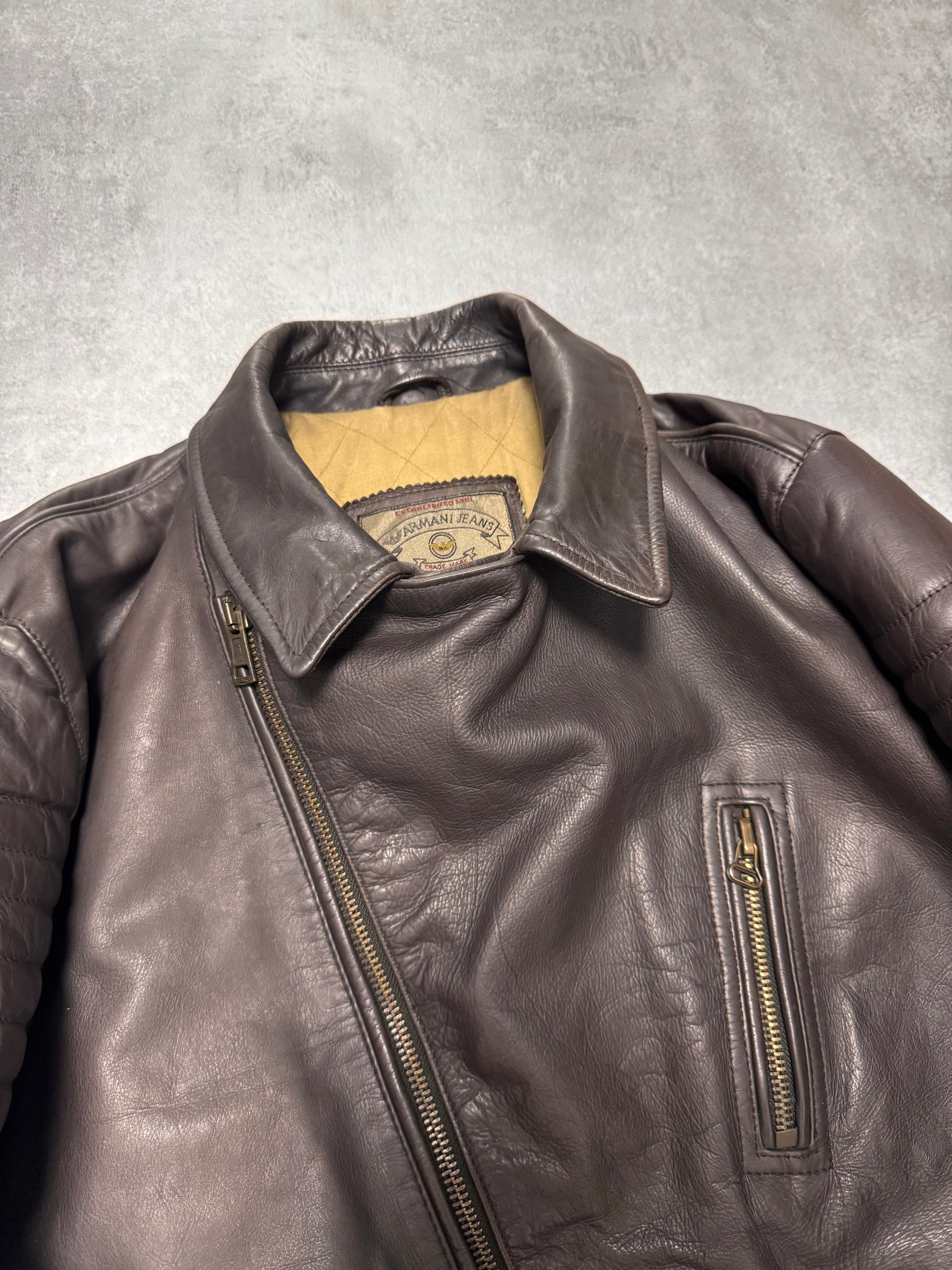 1990s Armani Aviator Bomber Brown Leather Cropped Jacket
