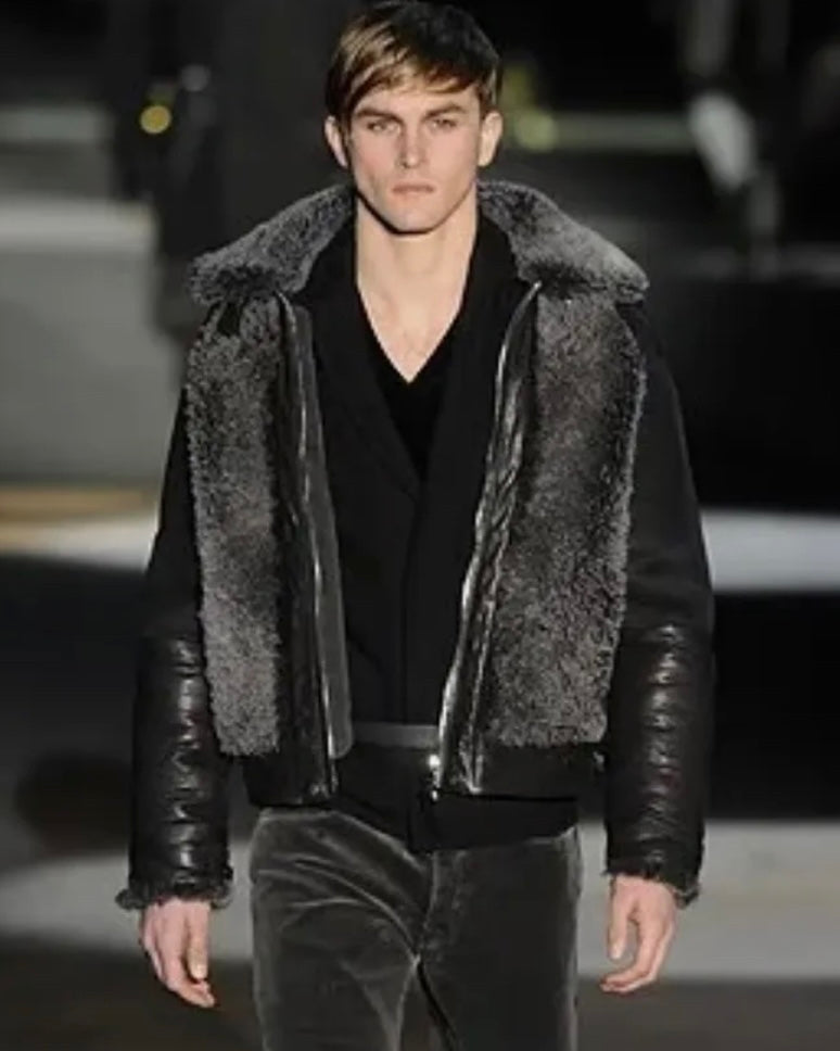 FW2018 Louis Vuitton Black Grey Shearling Leather Jacket (L) - 2