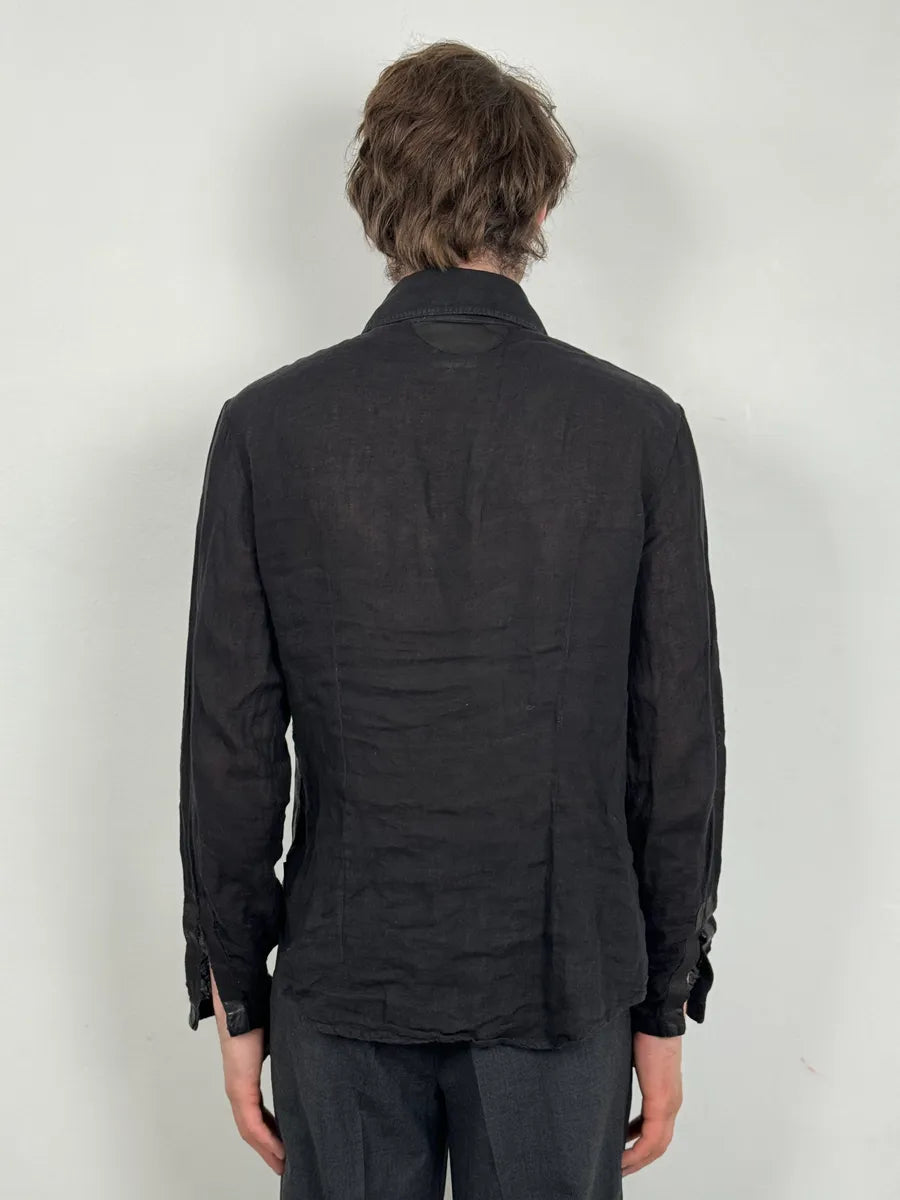 2000s Cavalli Black Hybrid Linen & Leather Henley Shirt FJcbvRW 2