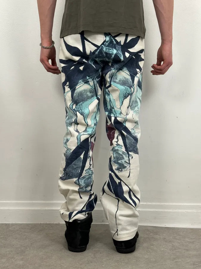 2000s Cavalli White Flowers Punk Navy Pants zIyetpK 2
