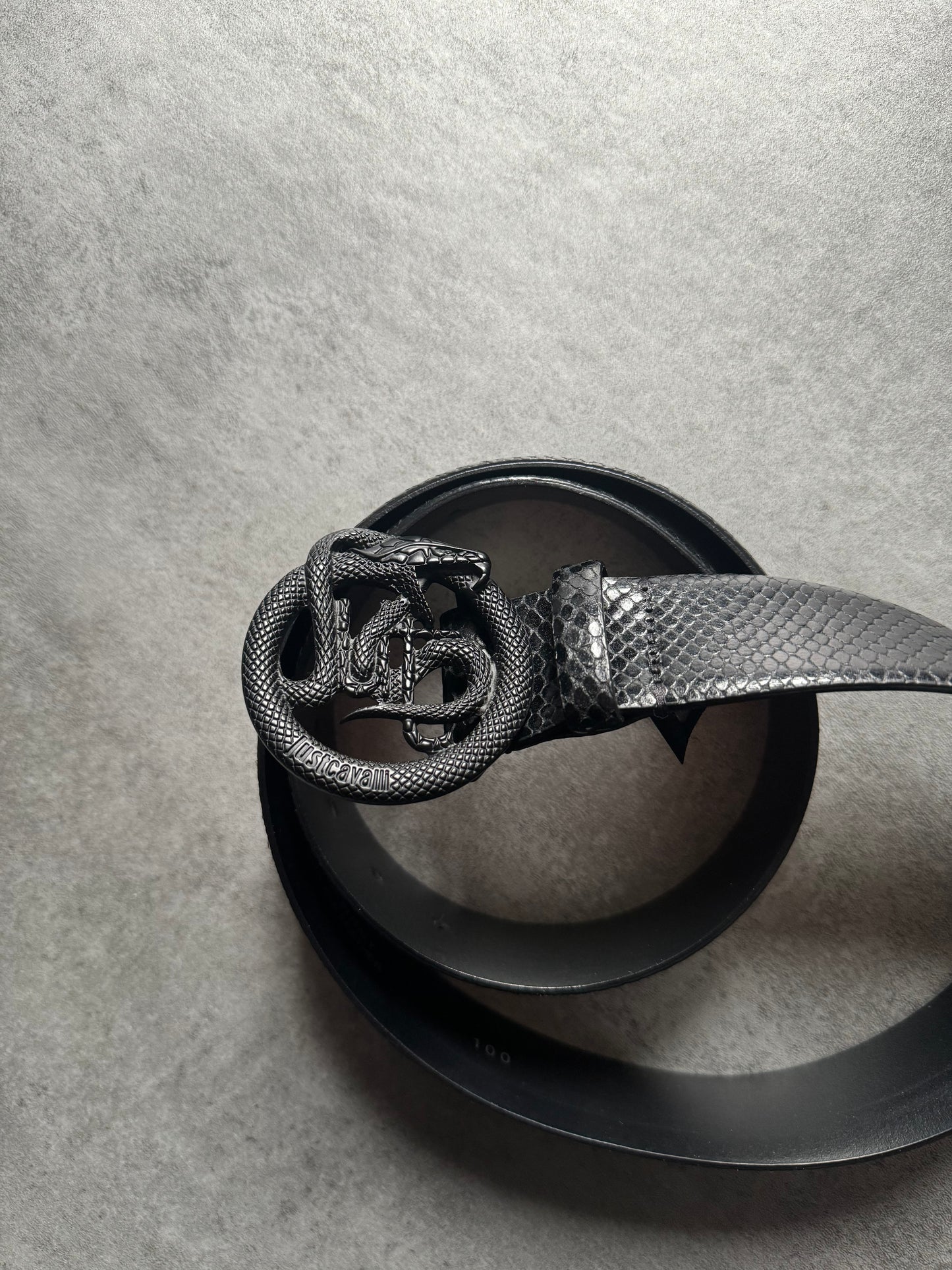 Cavalli Genuine Leather Python Effect Black Dark Cobra Belt (OS) - 3
