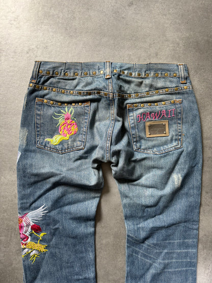 SS2006 Dolce & Gabbana Hawaii Embroideries Denim Jeans (S) - 5