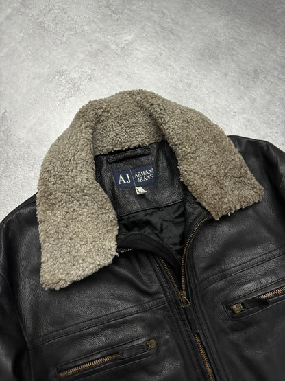 2000s Armani Black Shearling Biker Minimalist Leather Jacket (M) - 11