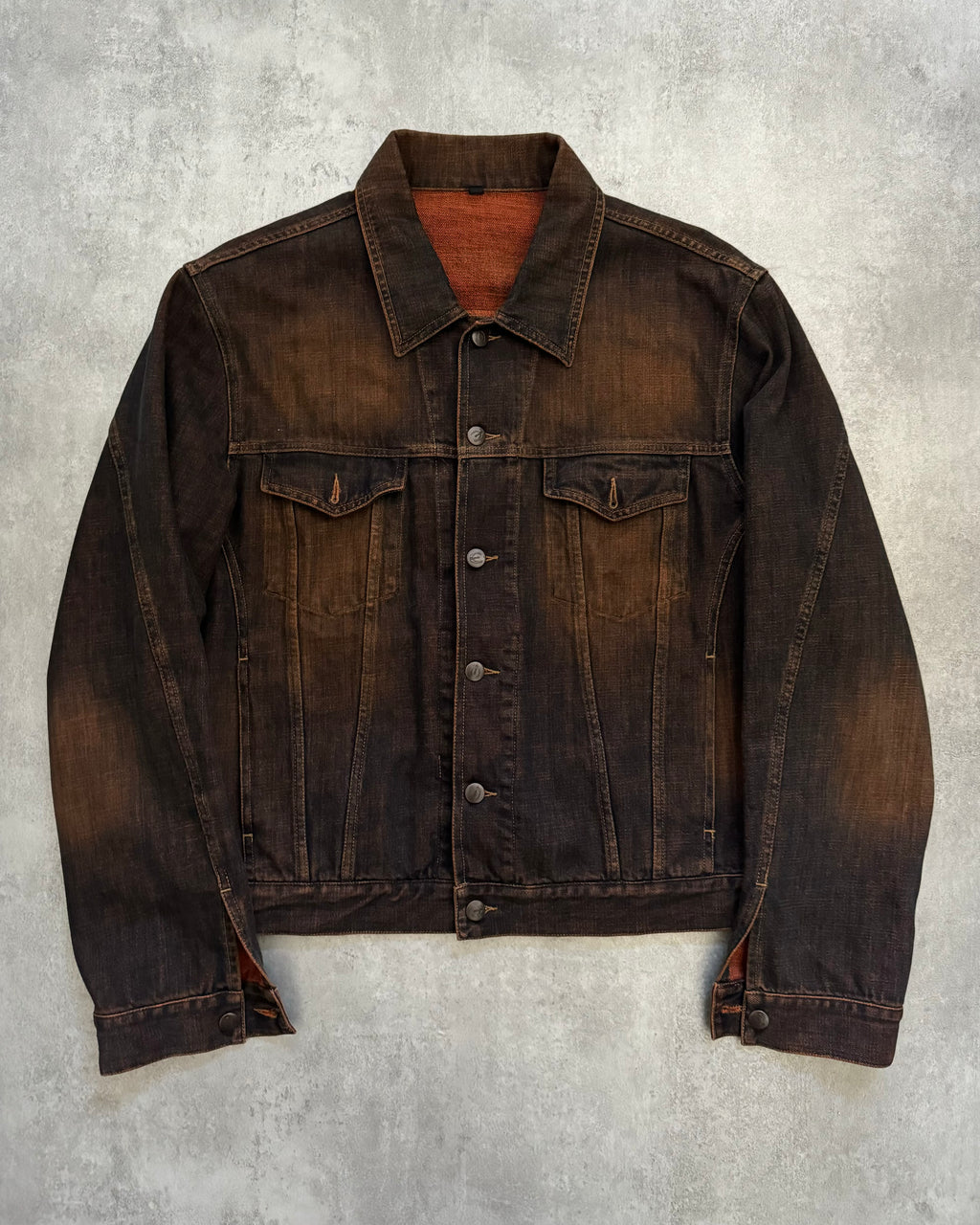 2000s Cavalli Eroded Twilight Denim Eroded Navy Orange Jacket  (L) - 1