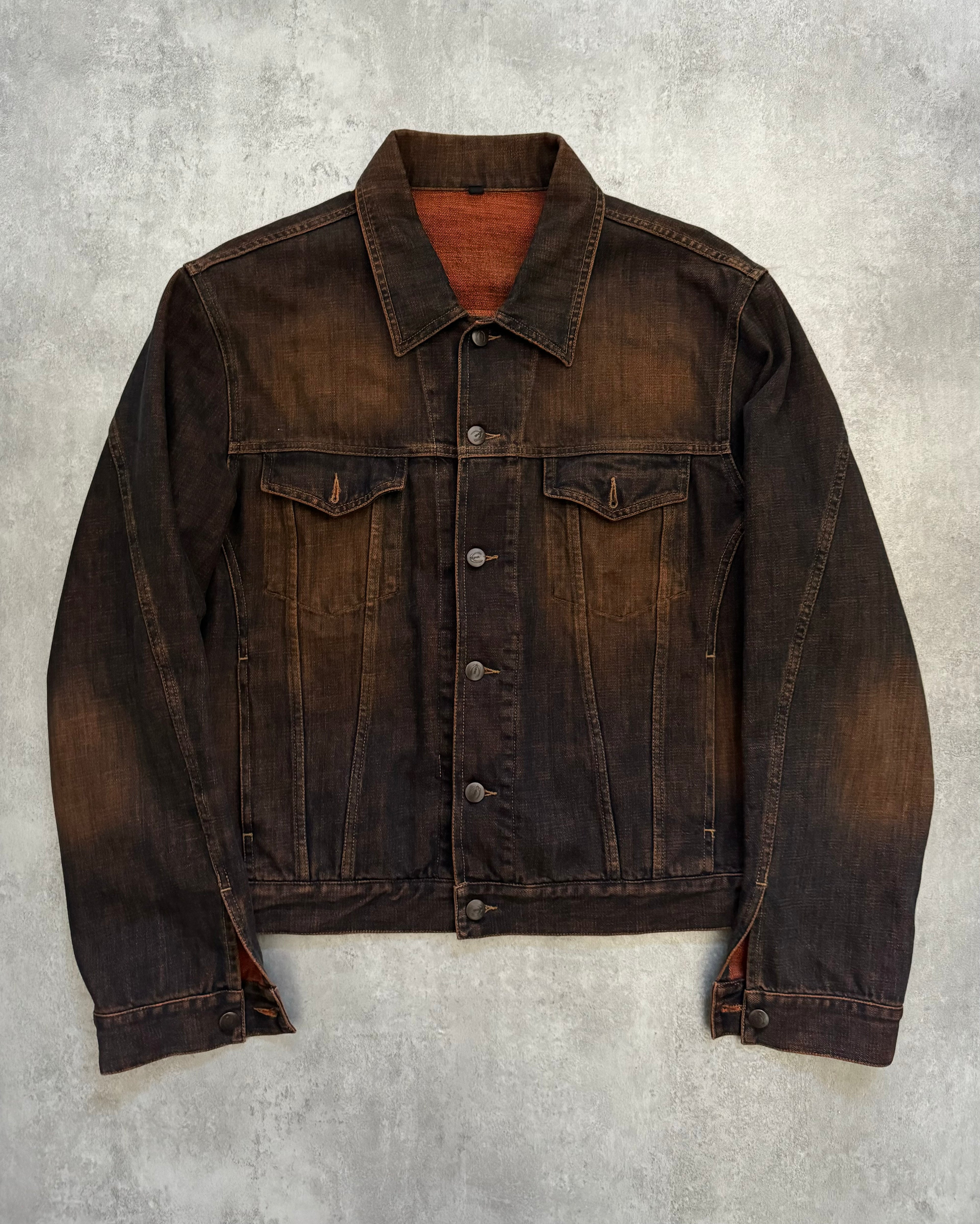 2000s Cavalli Eroded Twilight Denim Eroded Navy Orange Jacket  (L) - 1