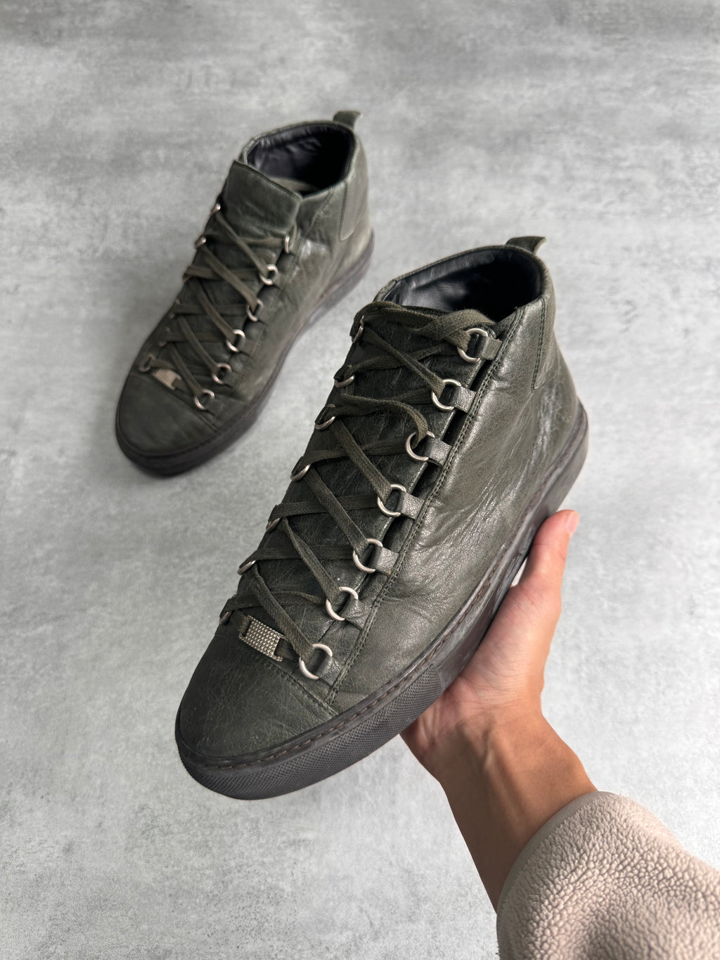 Balenciaga Arena High Kaki Cracked Leather Sneakers