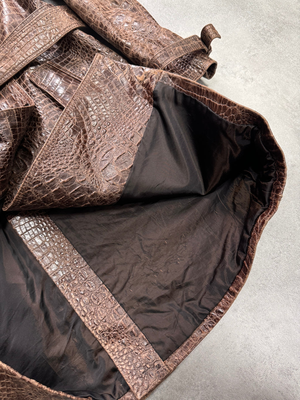 1990s Versace Crocodile Effect Embossed Leather Trench Coat