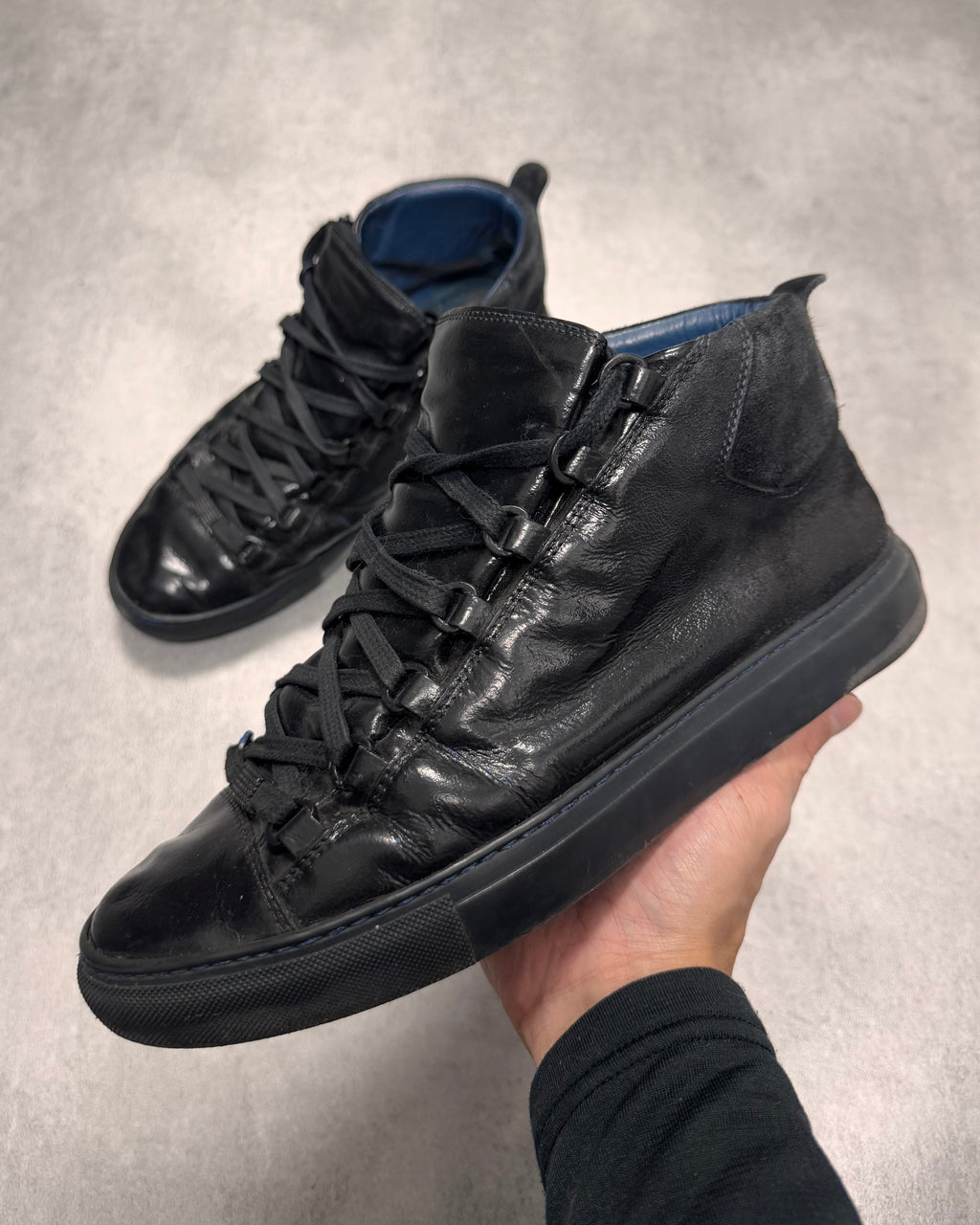 Balenciaga Arena High Hybrid Varnished Double Black Suede Leather Sneakers