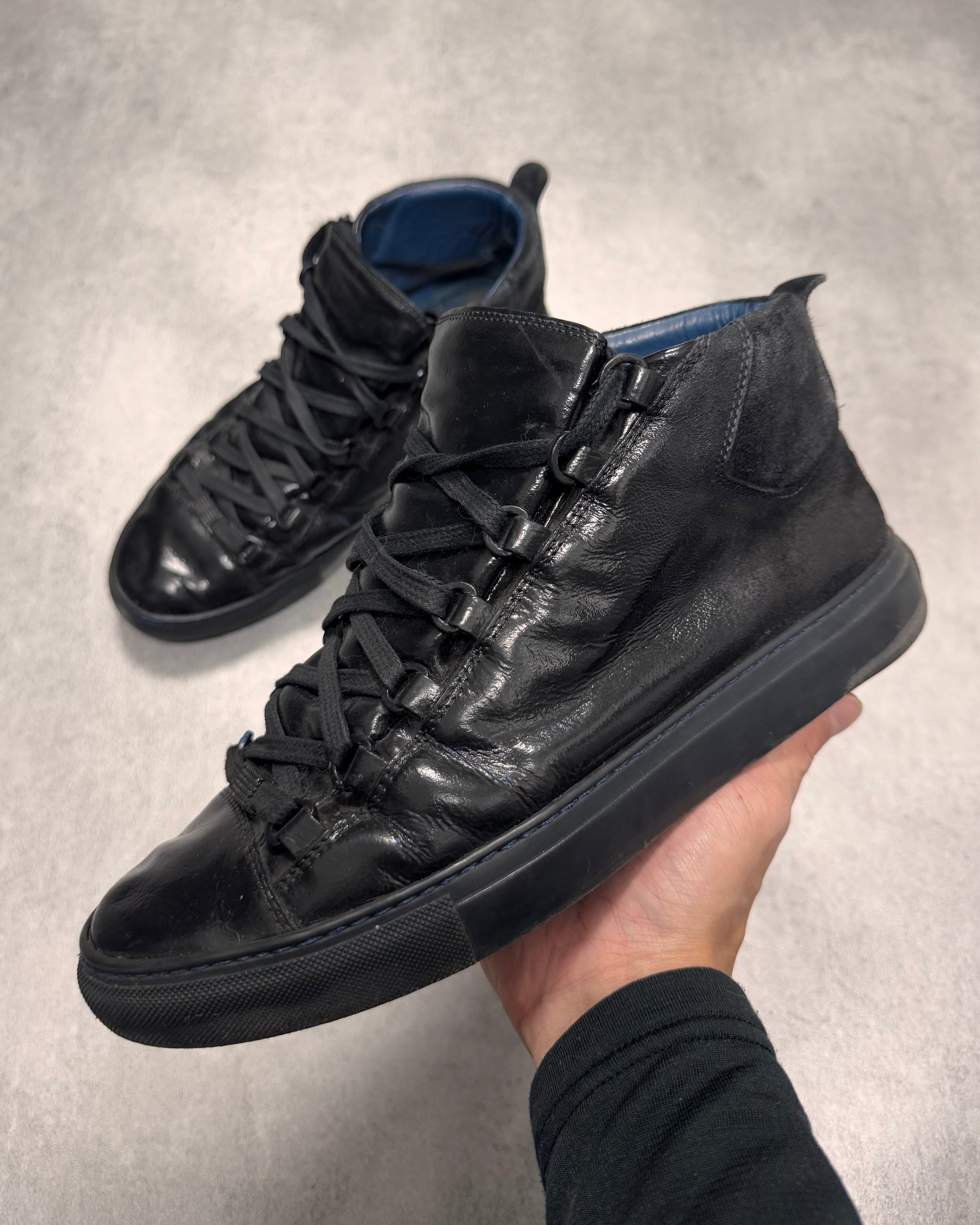 Balenciaga Arena High Hybrid Varnished Double Black Suede Leather Sneakers