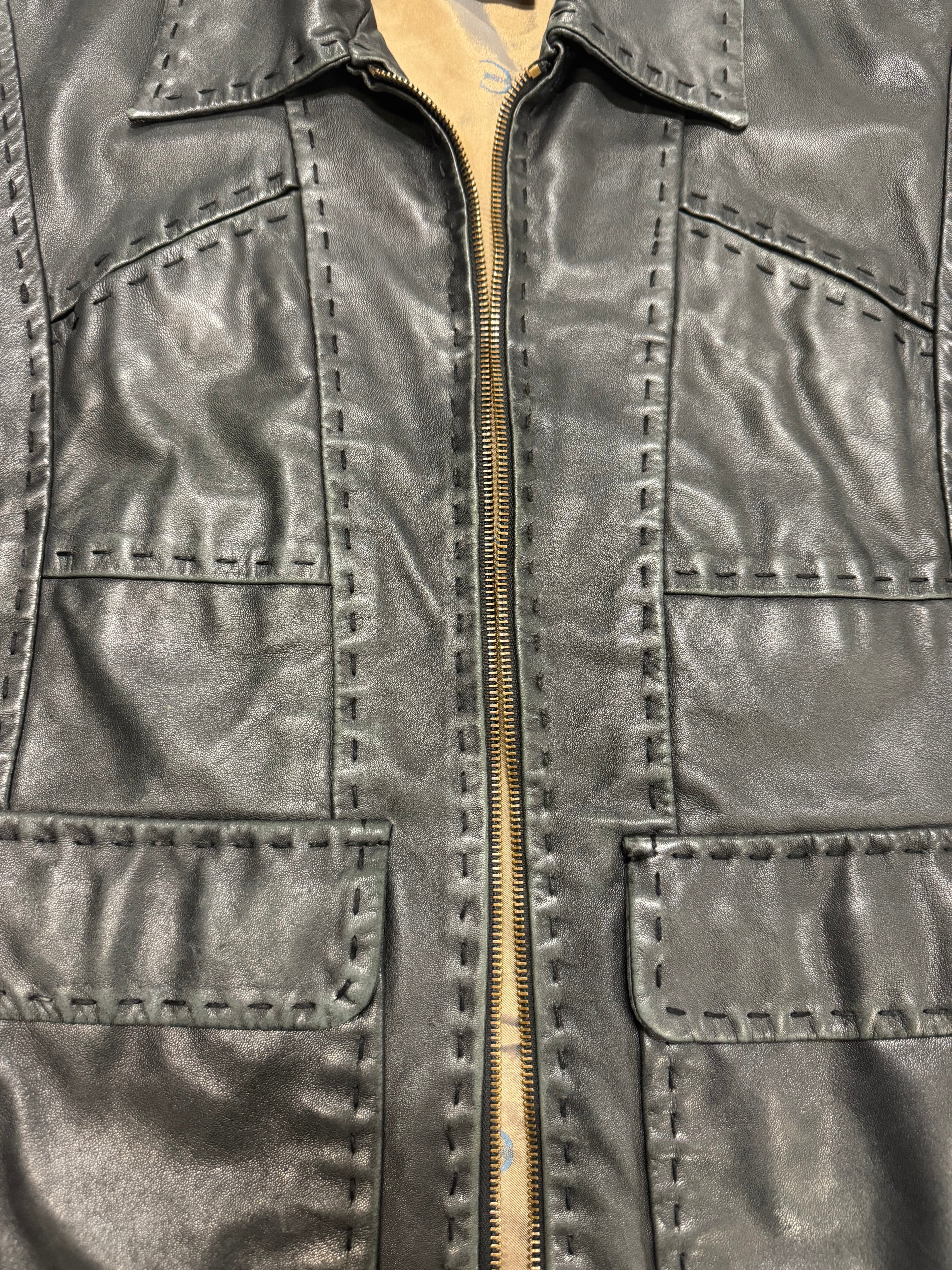 2000s Cavalli Black Simple Fighter Leather Jacket (M) - 5