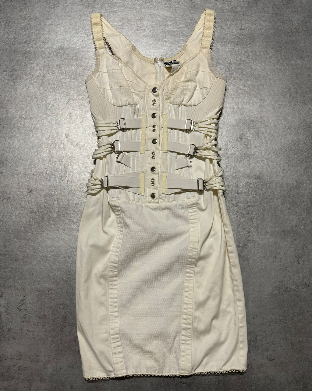 SS2004 Dolce & Gabbana White Bondage Strap Corset Cocktail Ivory Cotton Dress (XS/S) - 1