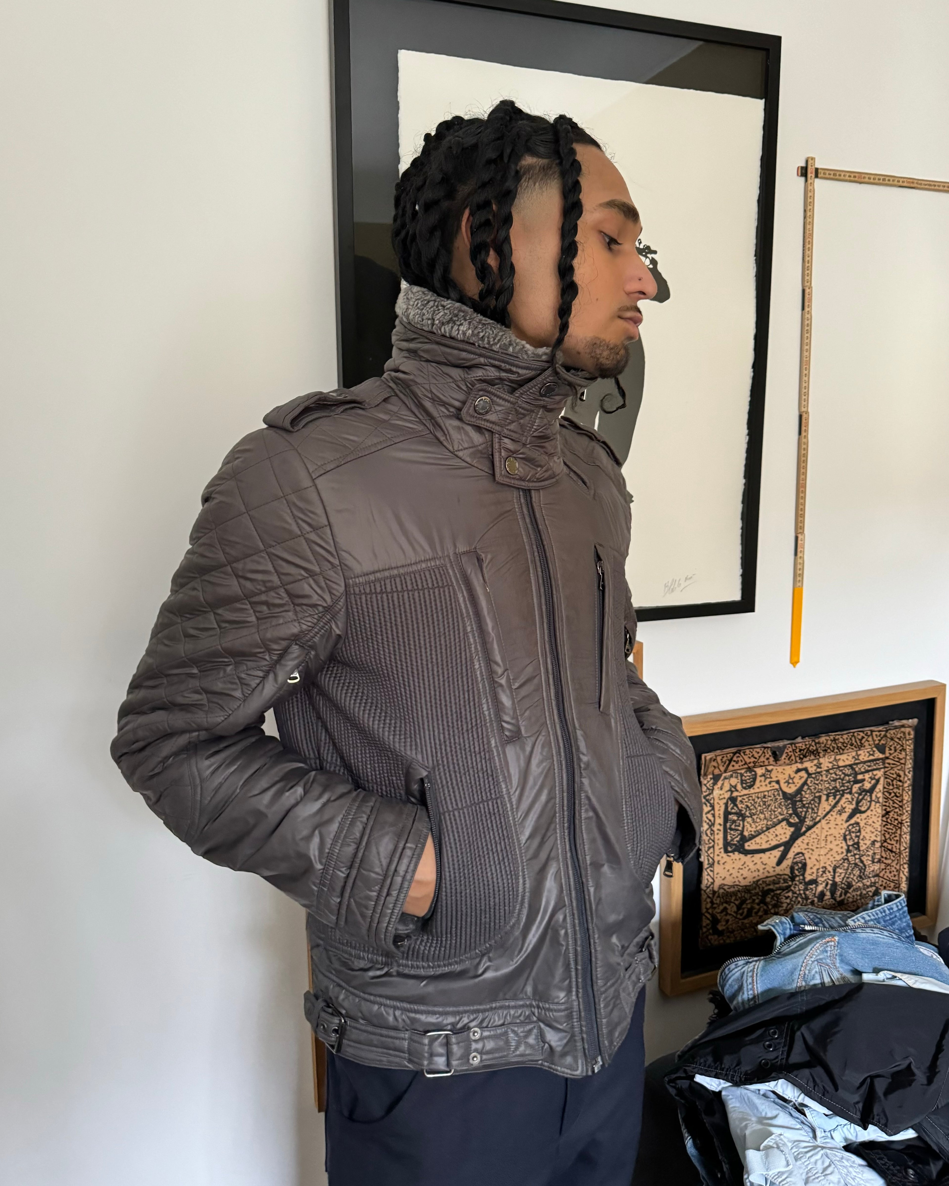 2000s Dolce & Gabbana Astro Grey Shearling Aviator Fur Collar Jacket