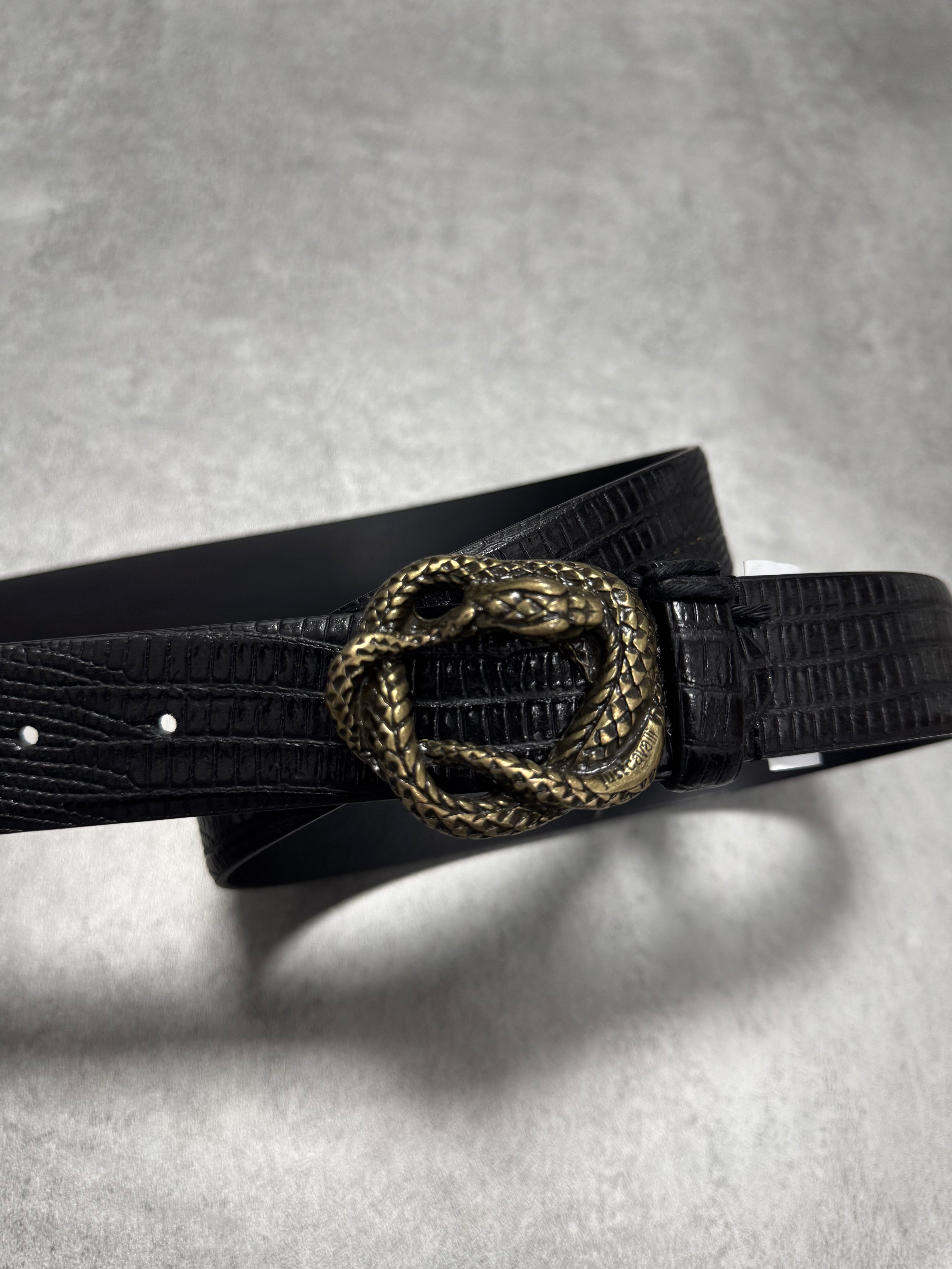Cavalli Snake Effect Black Calf Leather Belt